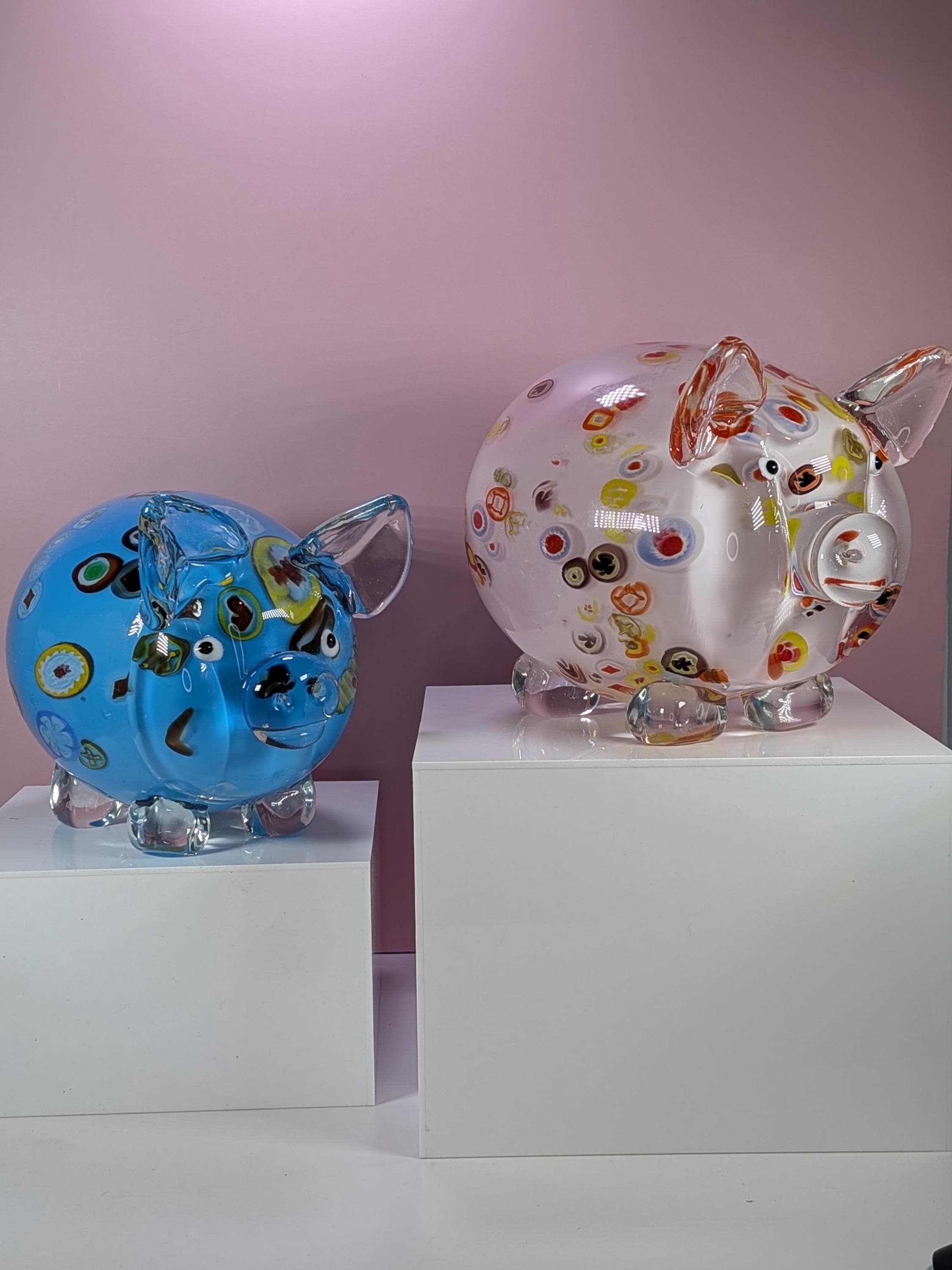 Large Murano Style Art Glass Pig Figurine Set, Heavy Hand Blown Millefiori Glass Pigs Home Decor, Colorful Whimsical Glass Animals Set of 2 view 2