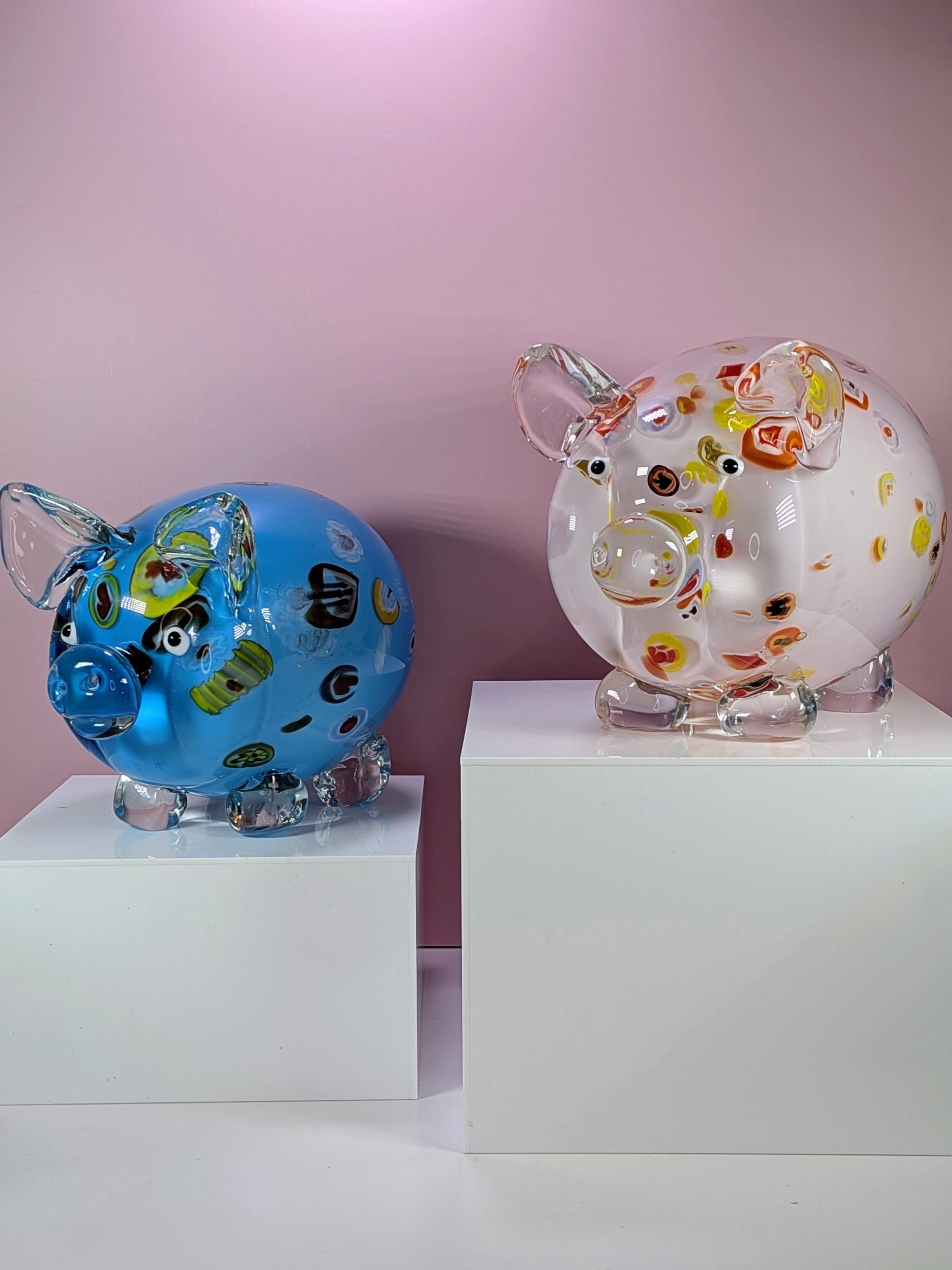 Large Murano Style Art Glass Pig Figurine Set, Heavy Hand Blown Millefiori Glass Pigs Home Decor, Colorful Whimsical Glass Animals Set of 2 view 3