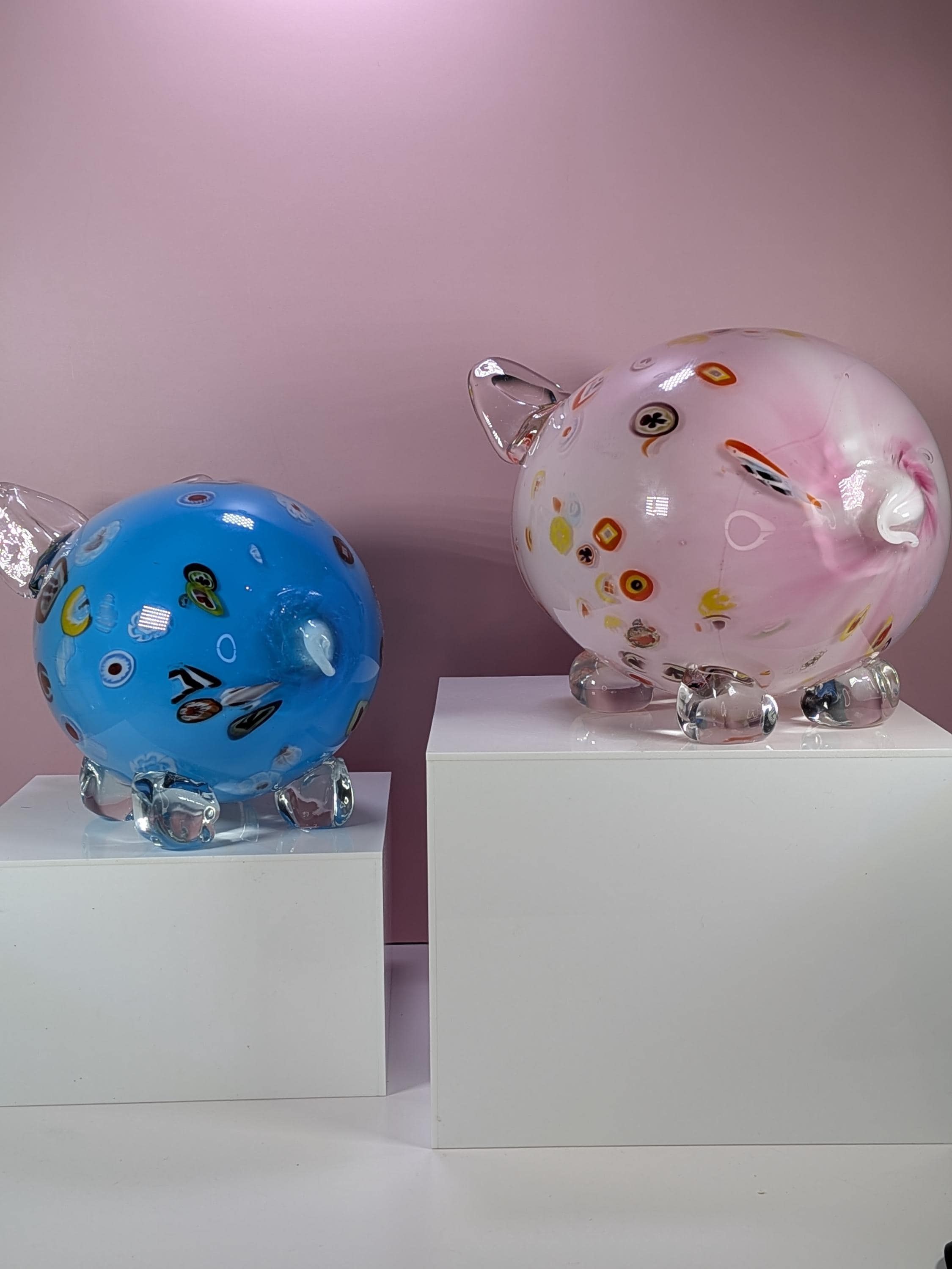 Large Murano Style Art Glass Pig Figurine Set, Heavy Hand Blown Millefiori Glass Pigs Home Decor, Colorful Whimsical Glass Animals Set of 2 view 4