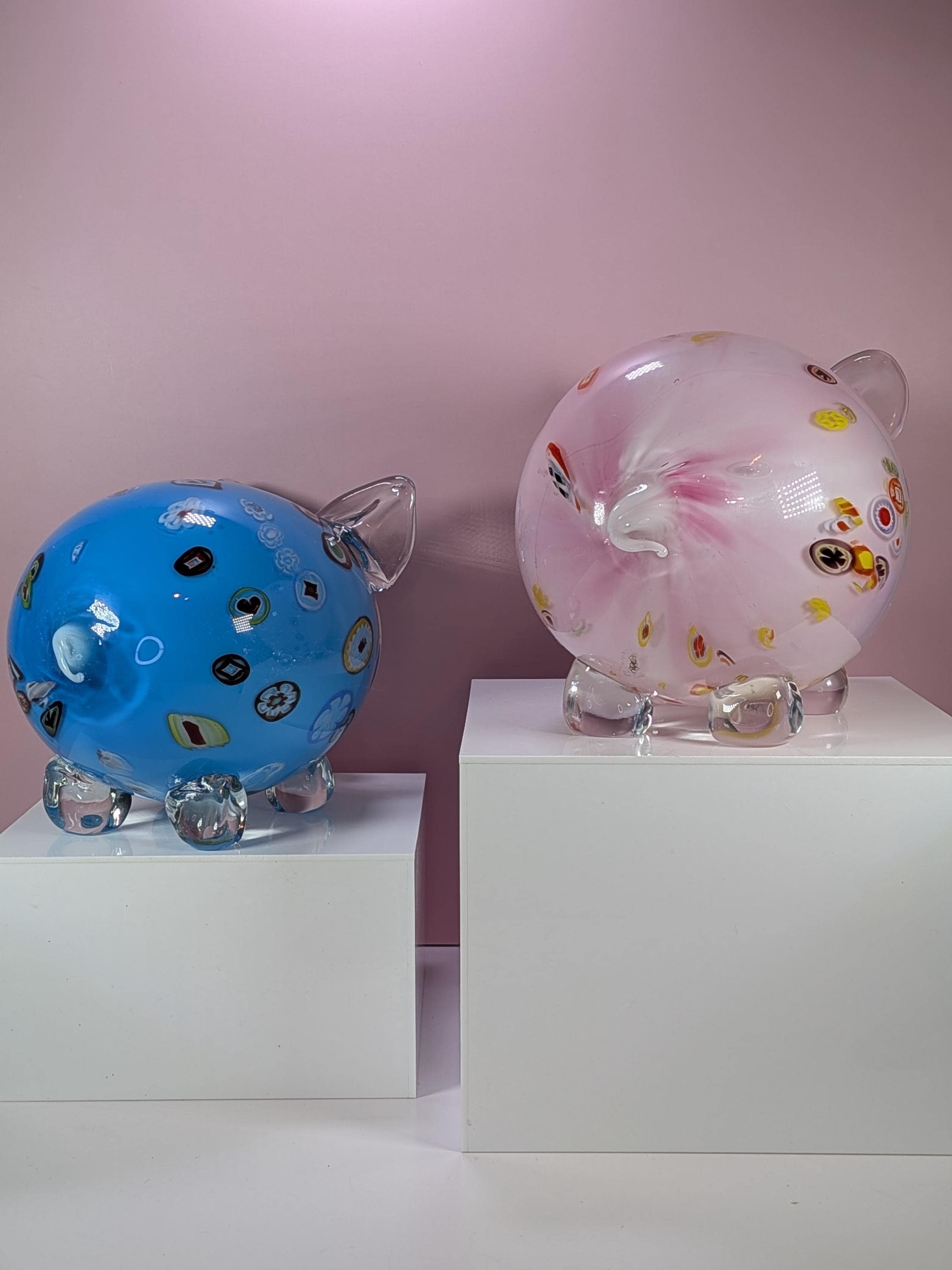 Large Murano Style Art Glass Pig Figurine Set, Heavy Hand Blown Millefiori Glass Pigs Home Decor, Colorful Whimsical Glass Animals Set of 2 view 5