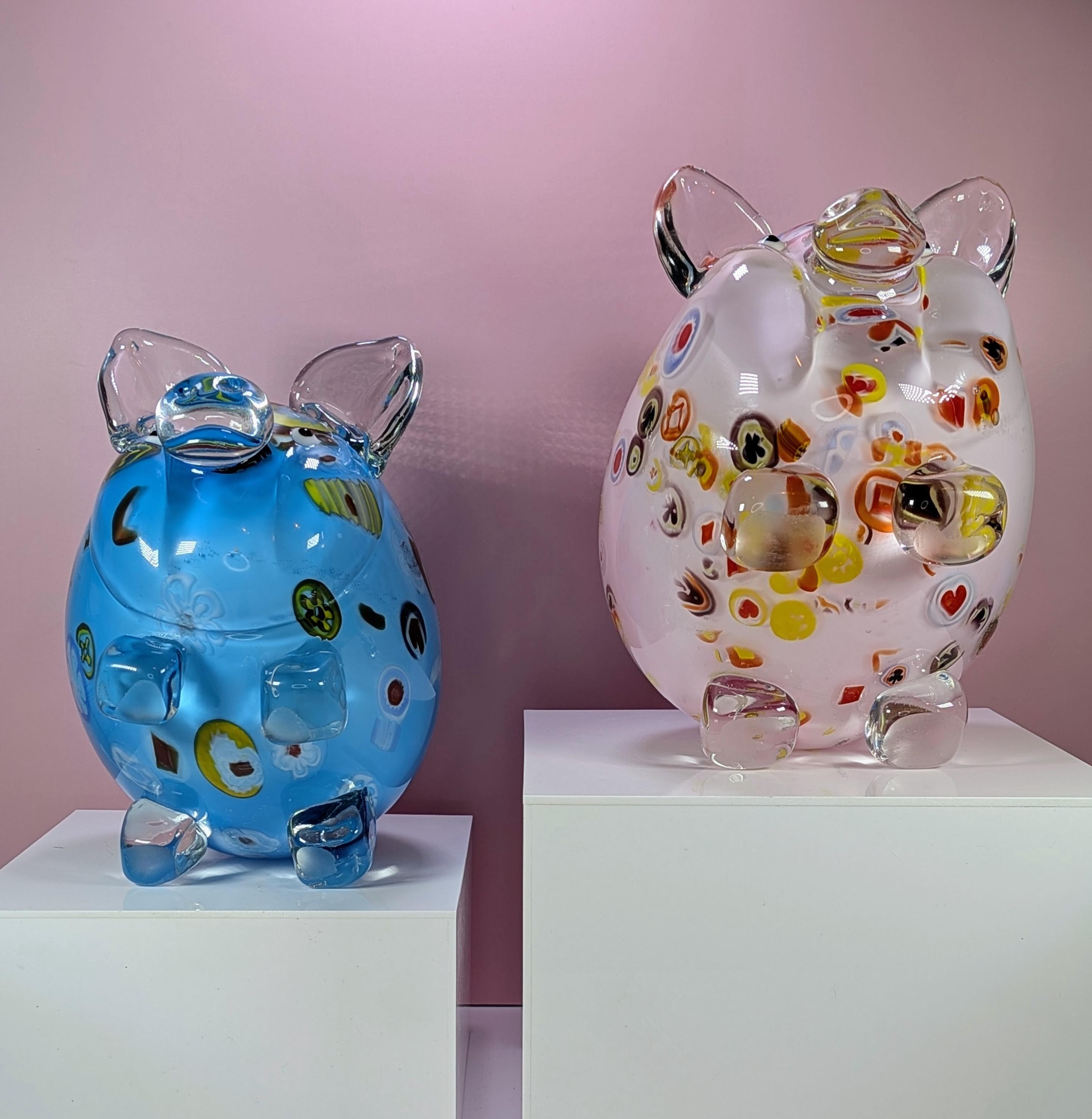 Large Murano Style Art Glass Pig Figurine Set, Heavy Hand Blown Millefiori Glass Pigs Home Decor, Colorful Whimsical Glass Animals Set of 2 view 6
