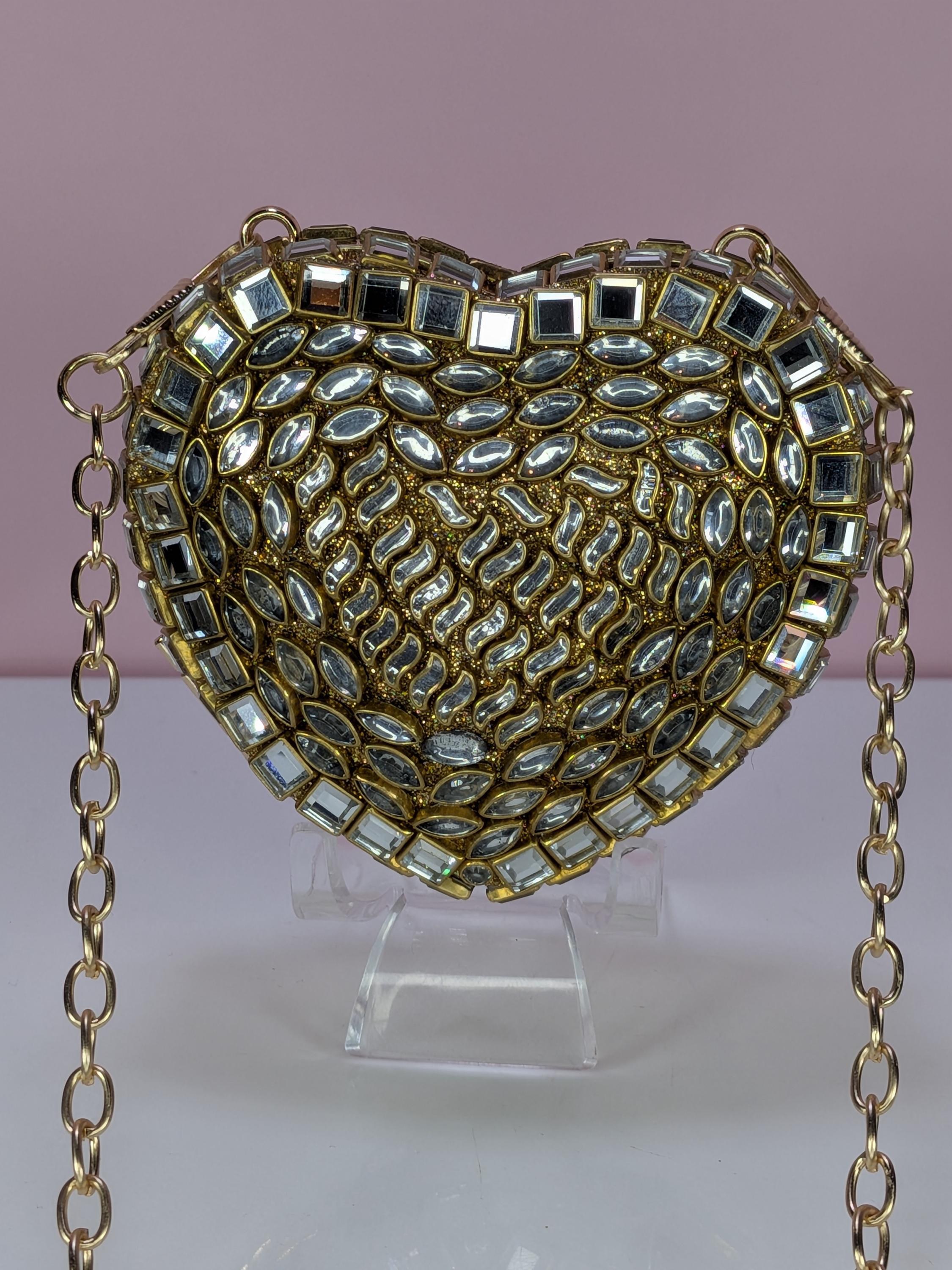 Handmade Gold Kundan Heart Clutch Bag Indian Bridal Minaudiere Evening Purse Embellished Heart Shaped Wedding Clutch