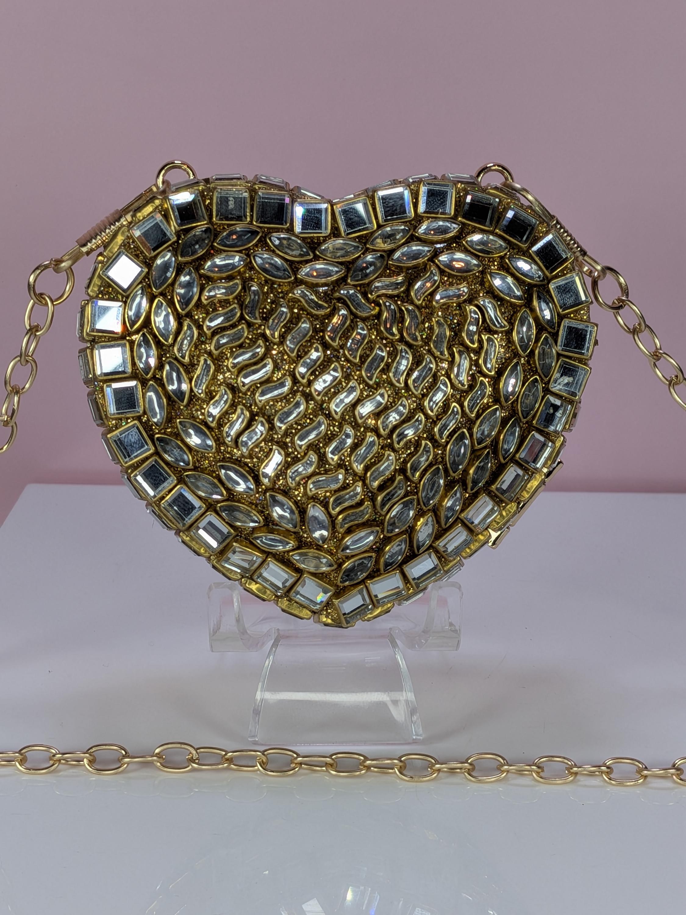 Handmade Gold Kundan Heart Clutch Bag Indian Bridal Minaudiere Evening Purse Embellished Heart Shaped Wedding Clutch view 11