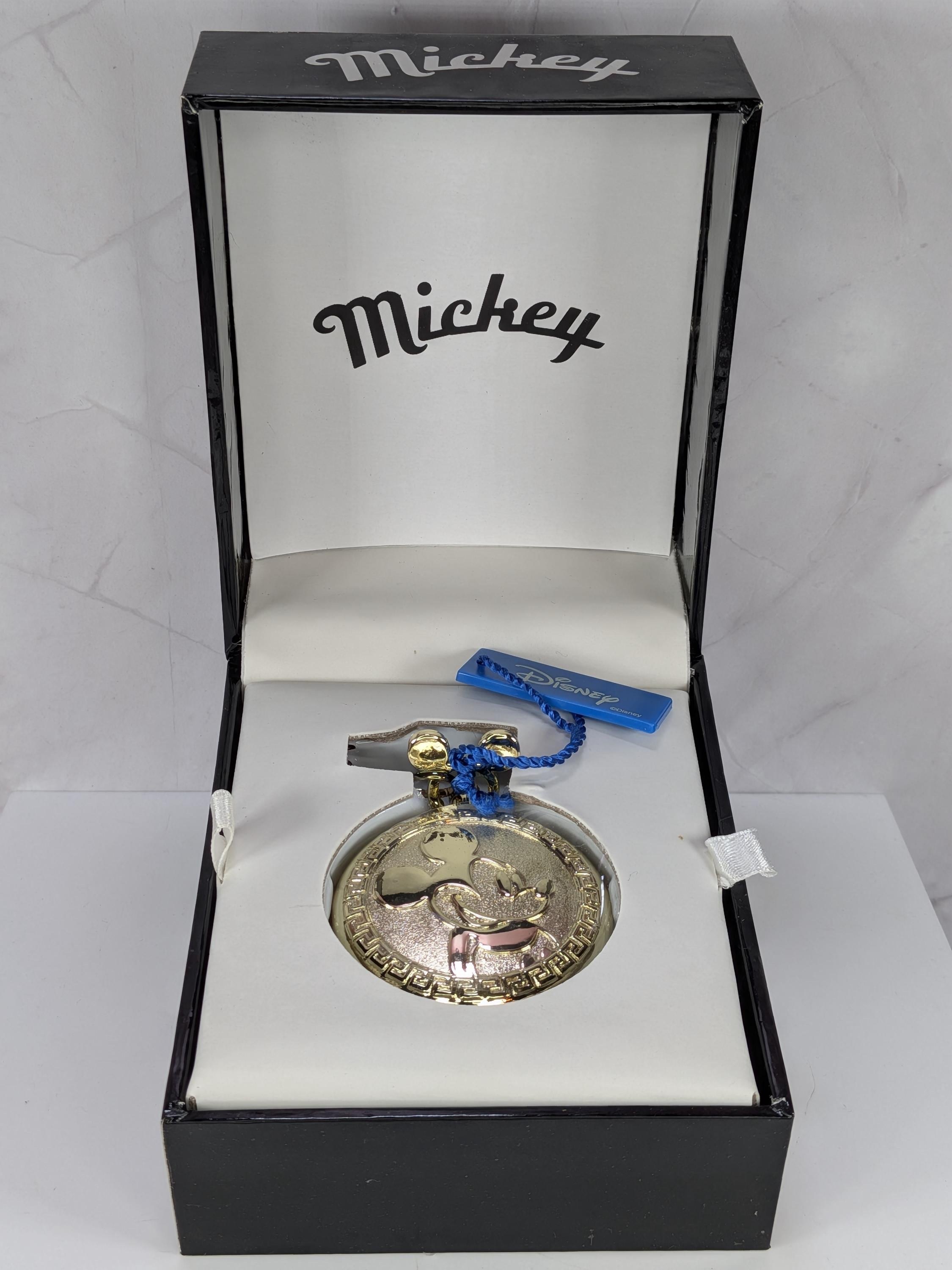 Works! Vintage Disney Mickey Mouse Pocket Watch Gold Tone New Old Stock, 1990s MZ Berger Character Timepiece in Original Box, New Battery! view 2