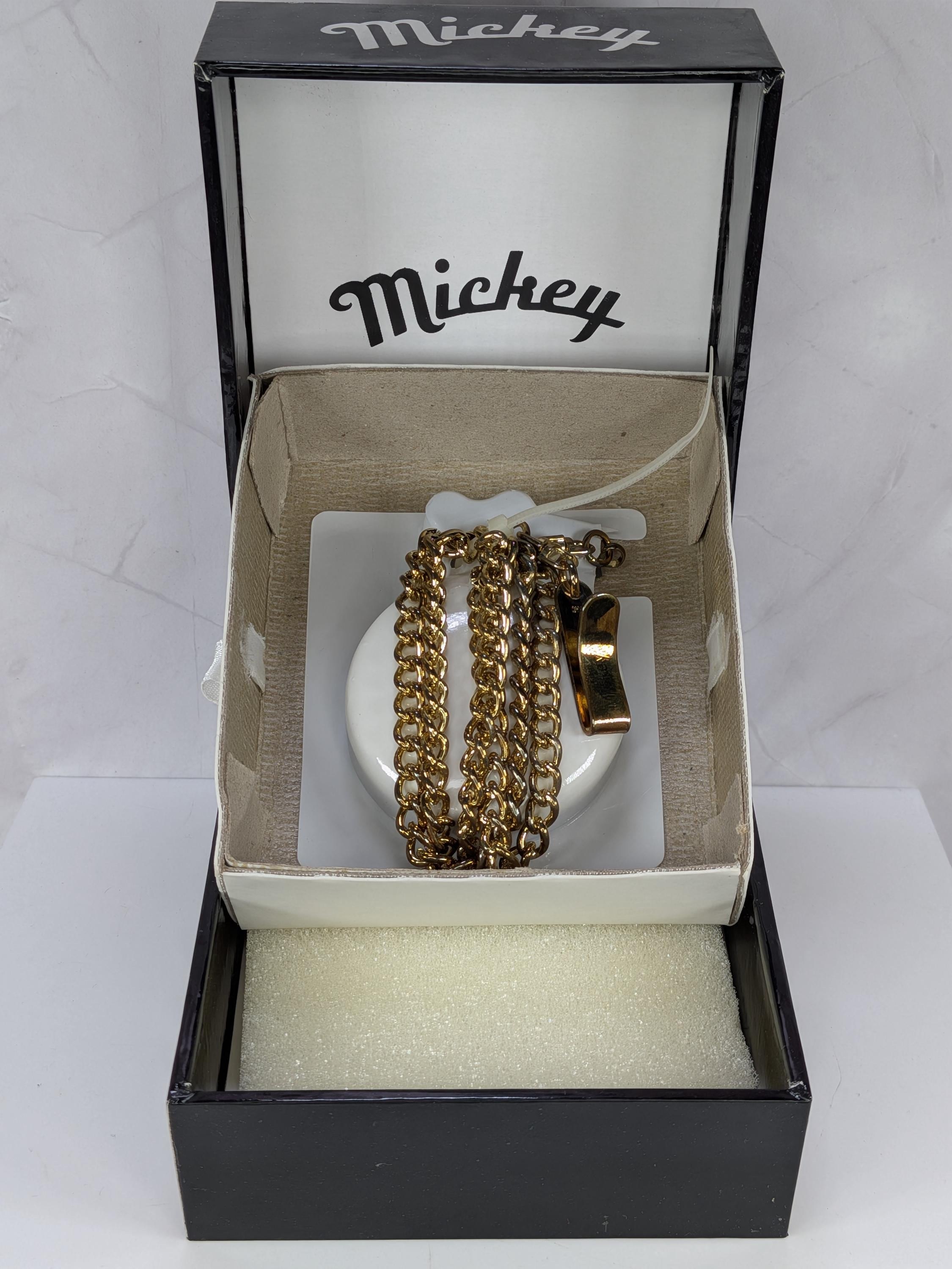 Works! Vintage Disney Mickey Mouse Pocket Watch Gold Tone New Old Stock, 1990s MZ Berger Character Timepiece in Original Box, New Battery! view 3