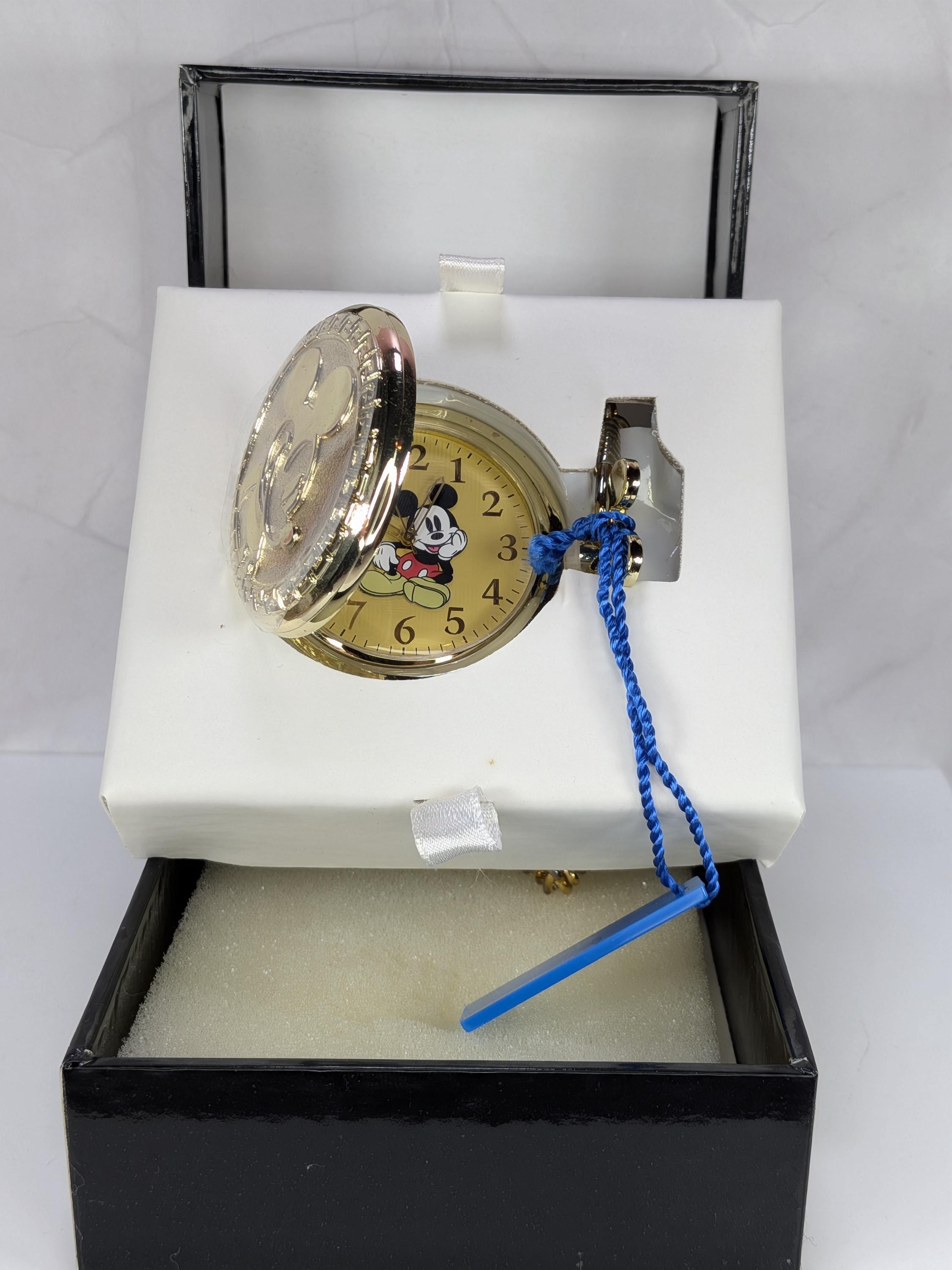 Works! Vintage Disney Mickey Mouse Pocket Watch Gold Tone New Old Stock, 1990s MZ Berger Character Timepiece in Original Box, New Battery! view 4