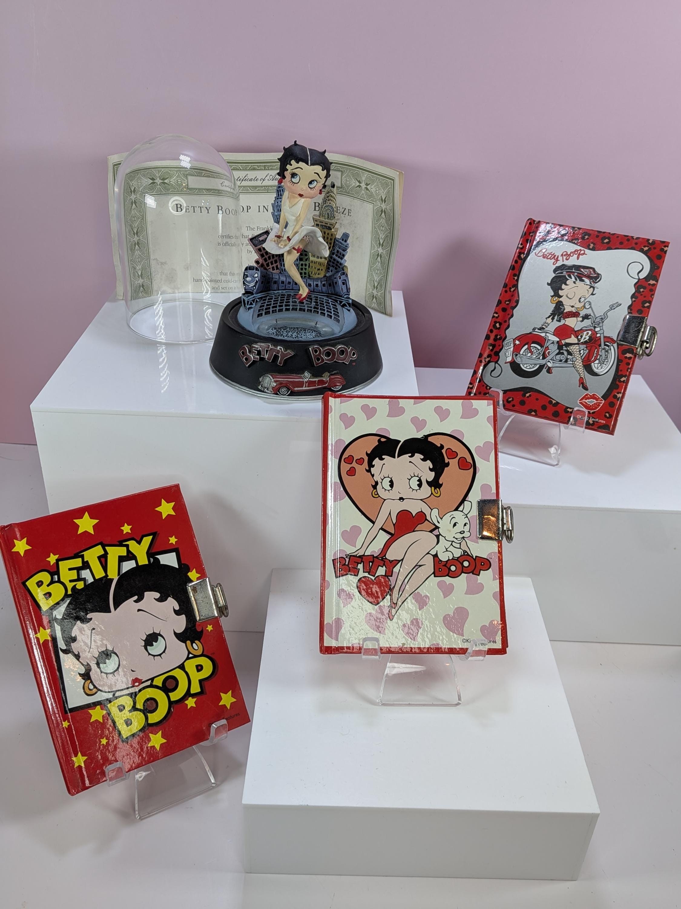 Vintage Betty Boop 4 Piece Collection, 1996 Franklin Mint Cool Breeze Figurine with Box COA Dome, Pristine Mini Locking Journals Diaries Set