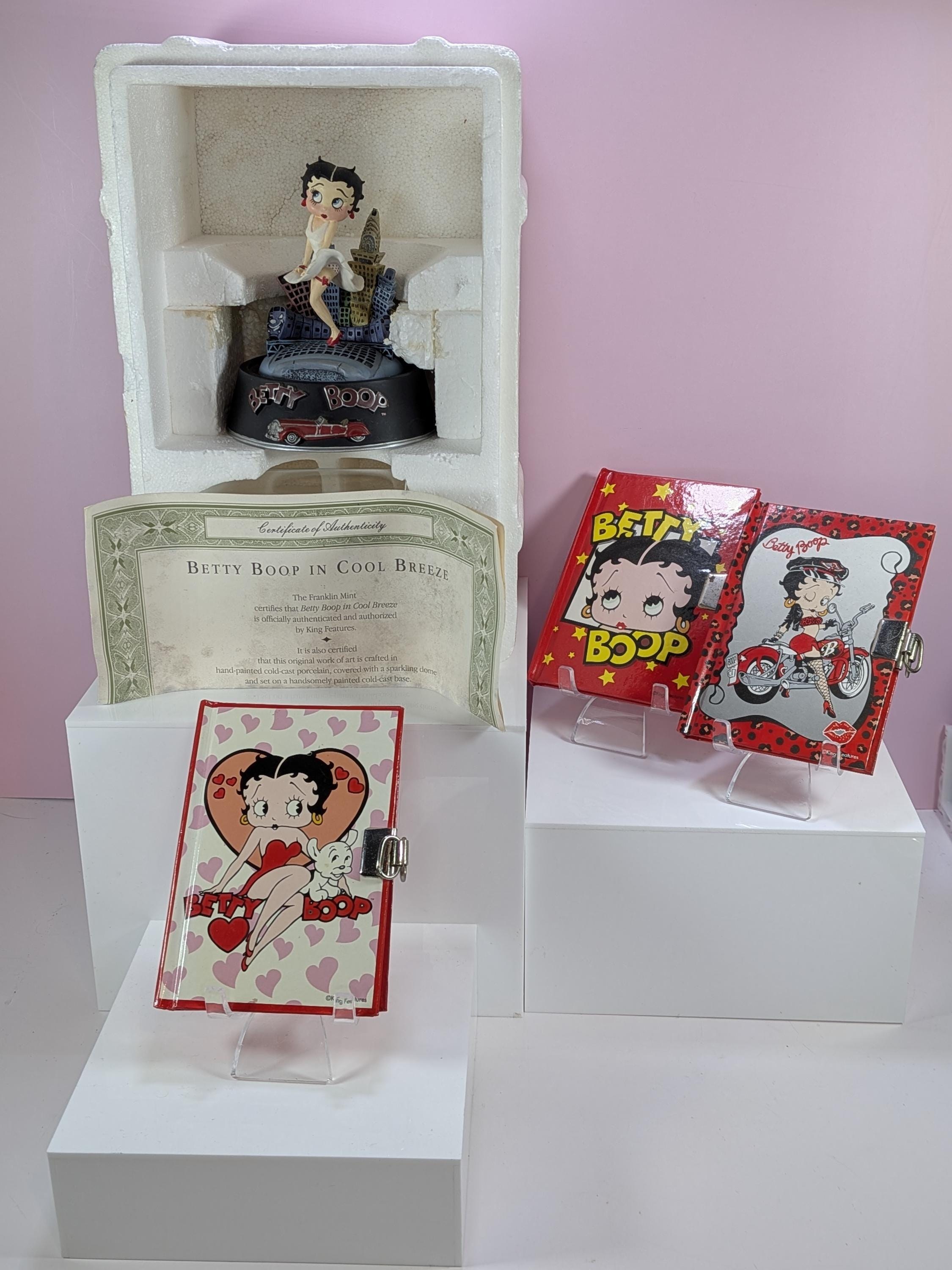 Vintage Betty Boop 4 Piece Collection, 1996 Franklin Mint Cool Breeze Figurine with Box COA Dome, Pristine Mini Locking Journals Diaries Set view 2