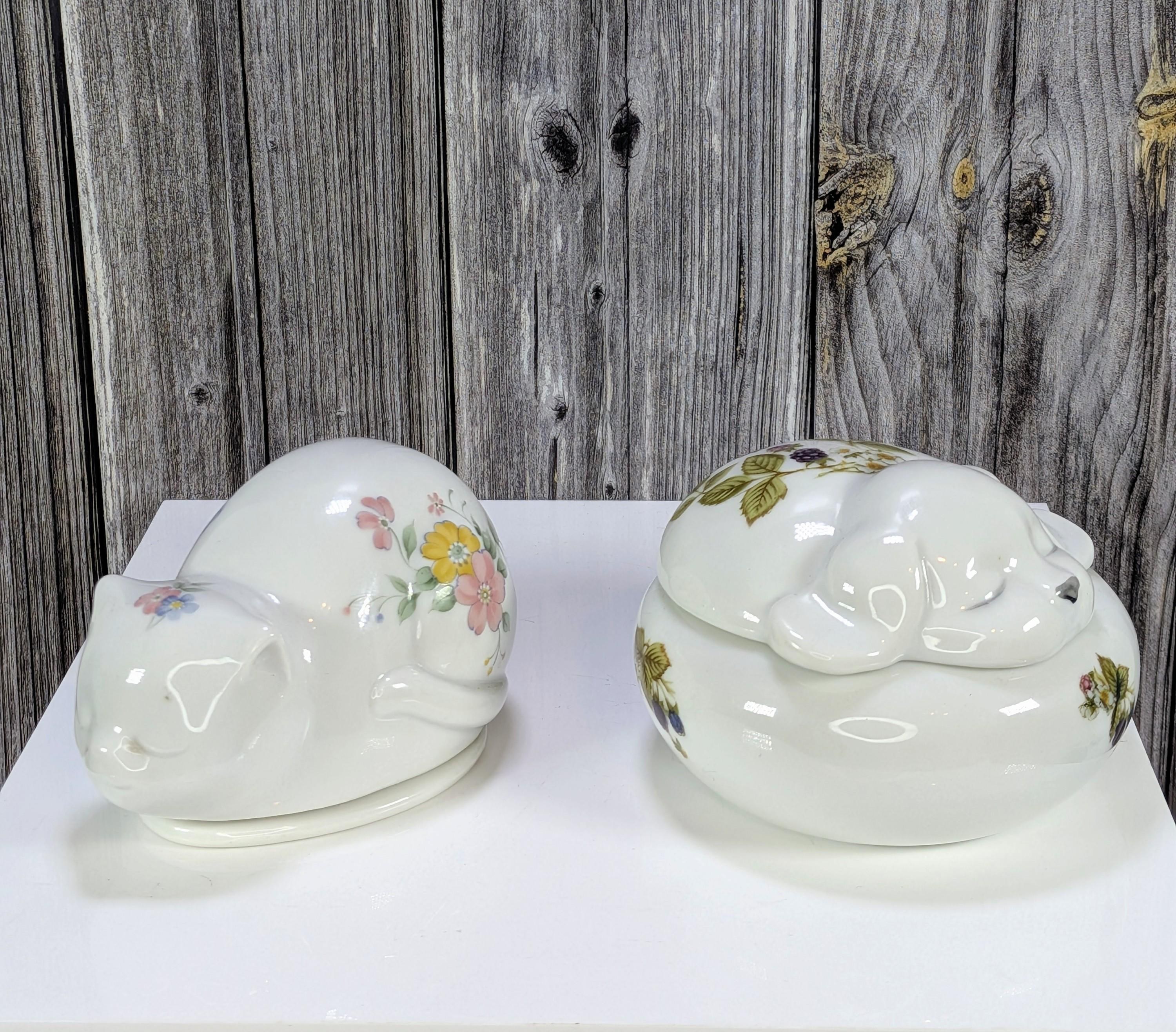Grandmillennial Sleepy Pets Porcelain Trinket Box Set - Vintage Takahashi San Francisco Puppy and Action Japan Floral Cat Lidded Ring Dish