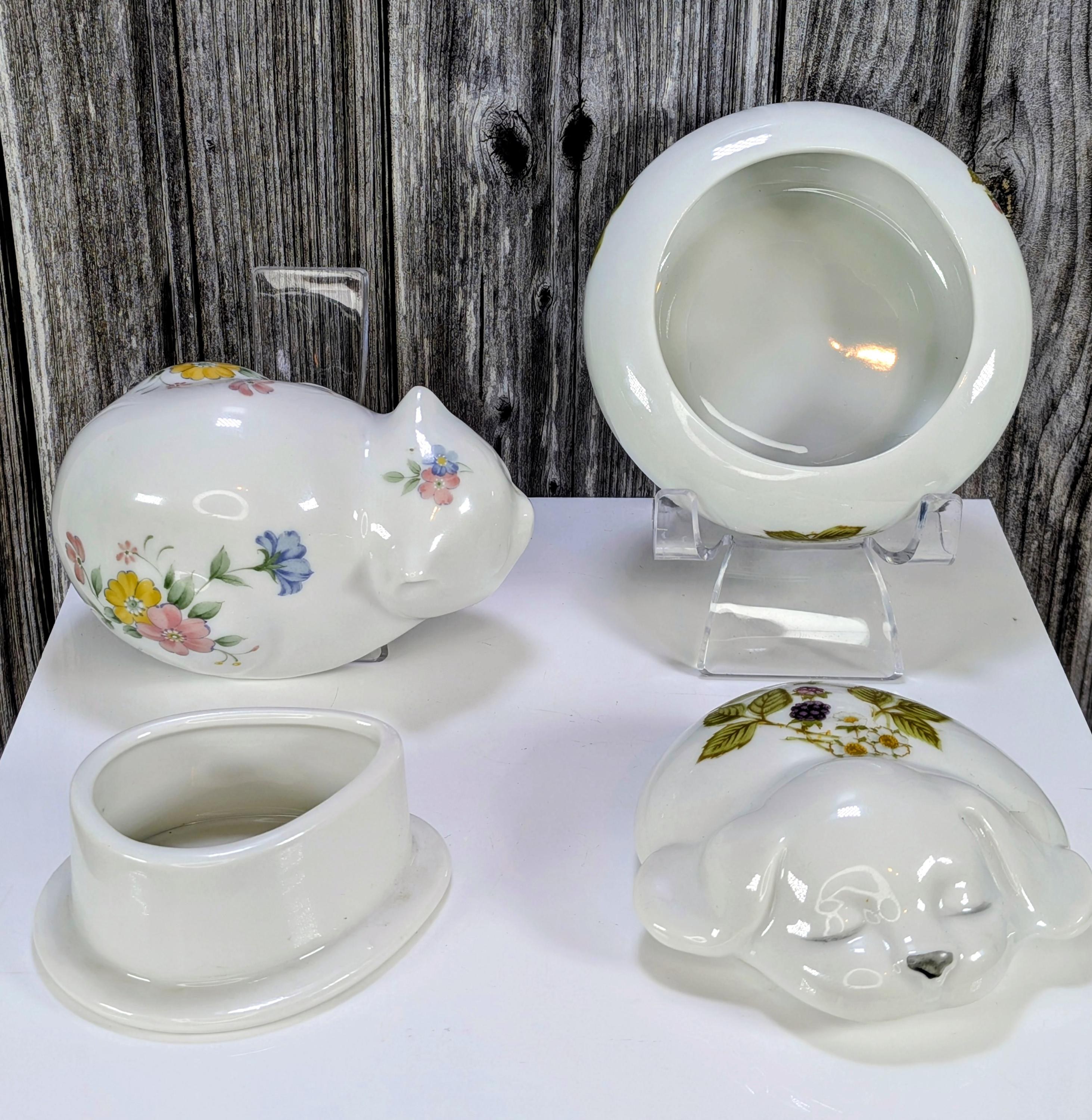 Grandmillennial Sleepy Pets Porcelain Trinket Box Set - Vintage Takahashi San Francisco Puppy and Action Japan Floral Cat Lidded Ring Dish view 4
