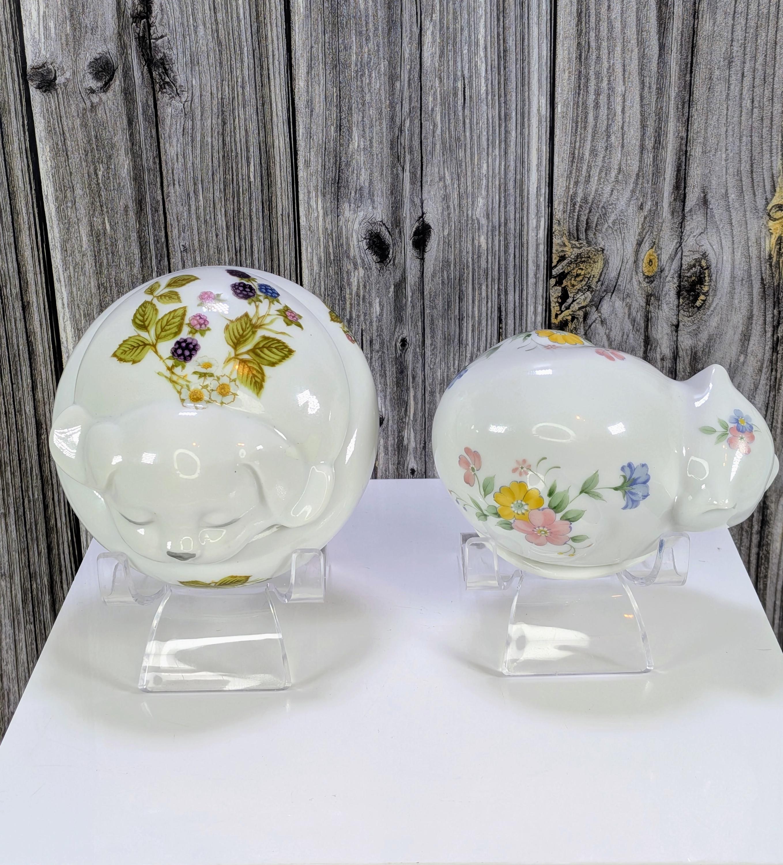 Grandmillennial Sleepy Pets Porcelain Trinket Box Set - Vintage Takahashi San Francisco Puppy and Action Japan Floral Cat Lidded Ring Dish view 5