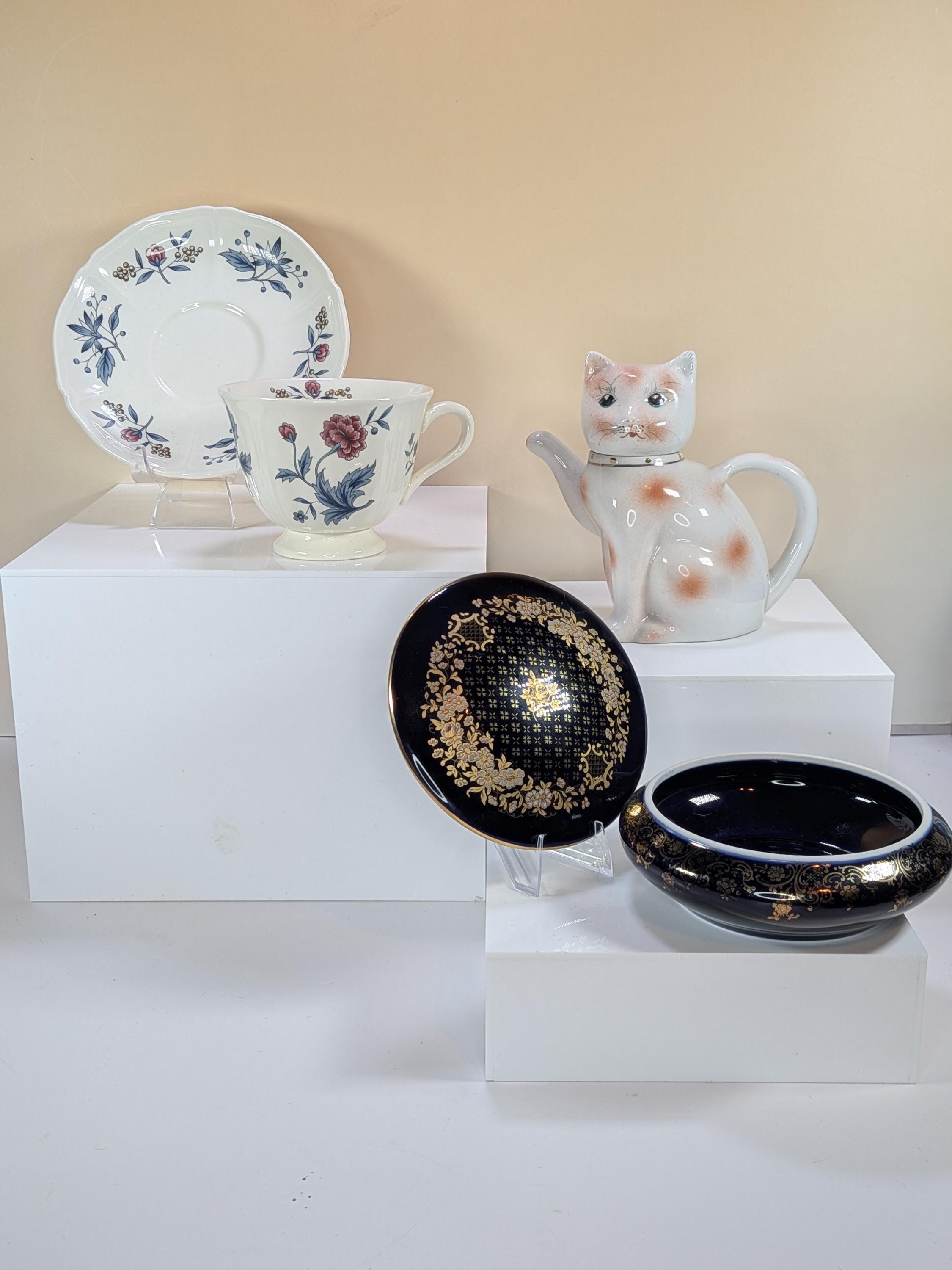 Grandmillennial Starter Kit Gift Set -Vintage 3pc Porcelain Teaware Curated Bundle: Authentic Limoges Castel, Cat Teapot, Collectible Teacup