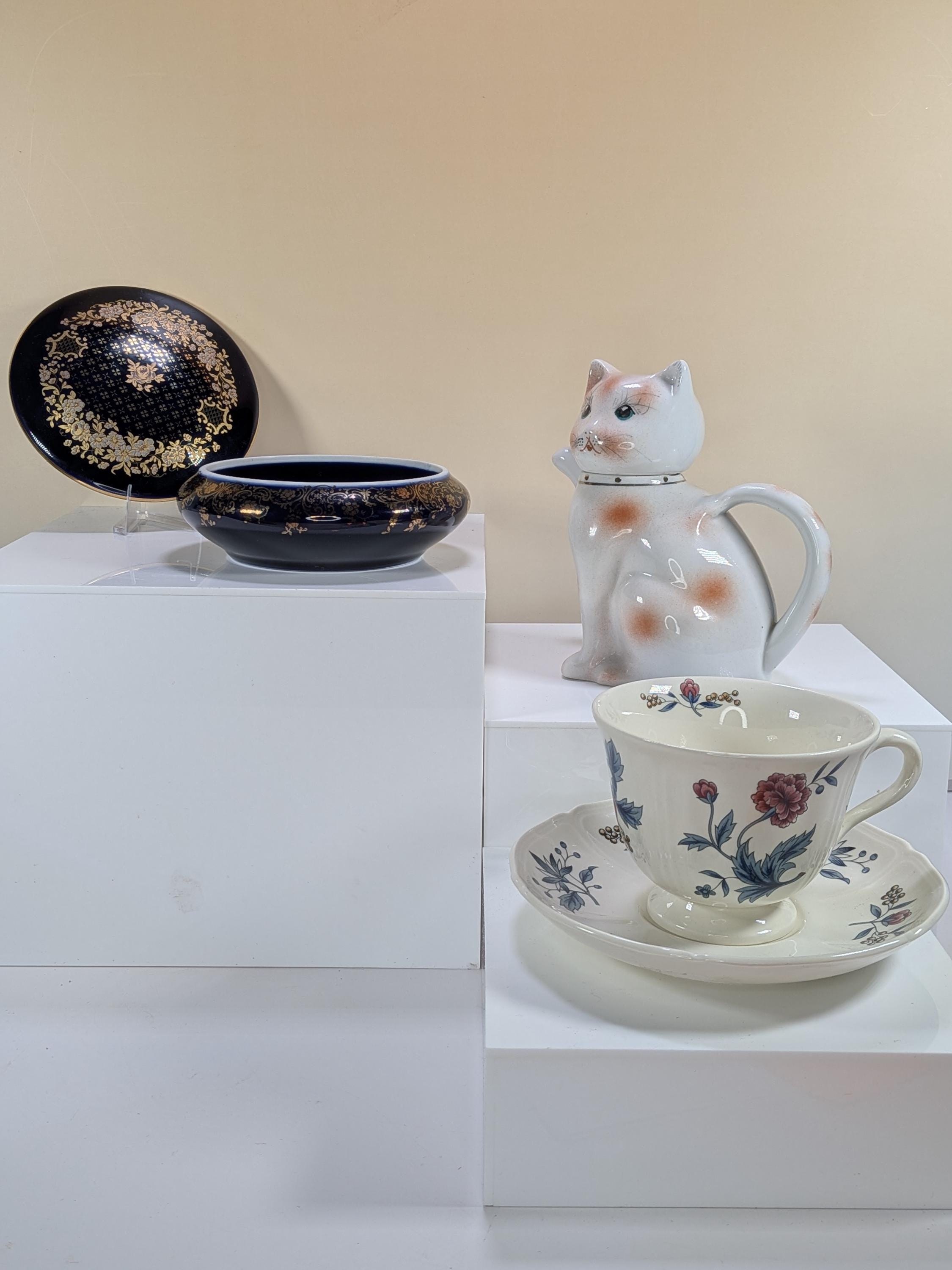 Grandmillennial Starter Kit Gift Set -Vintage 3pc Porcelain Teaware Curated Bundle: Authentic Limoges Castel, Cat Teapot, Collectible Teacup view 11