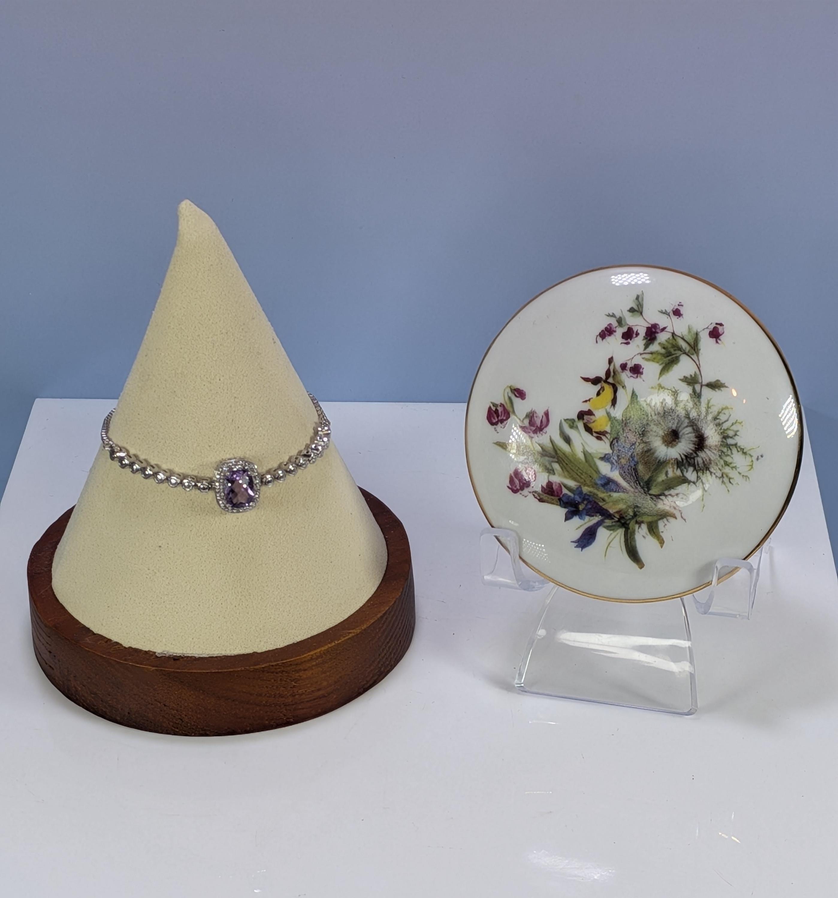 Vintage Konditorei Zauner Trinket Dish Bundled With Adjustable Sterling Silver Amethyst Halo Line Bracelet, Special Gift Set For Her