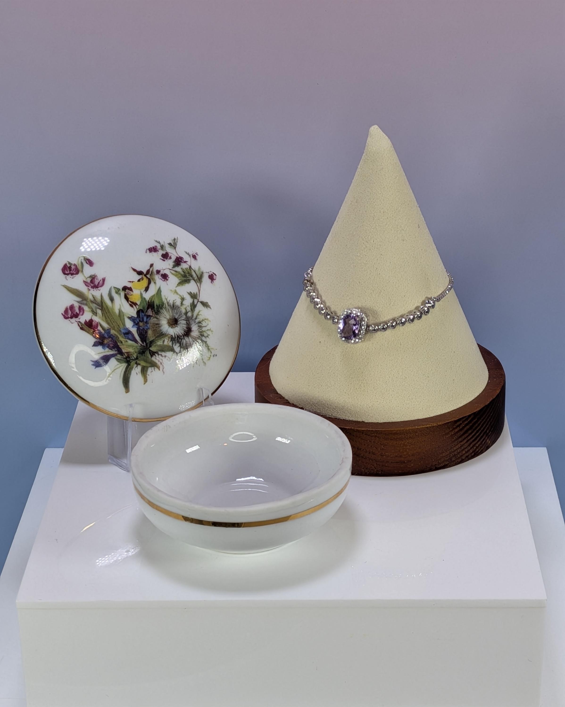 Vintage Konditorei Zauner Trinket Dish Bundled With Adjustable Sterling Silver Amethyst Halo Line Bracelet, Special Gift Set For Her view 2