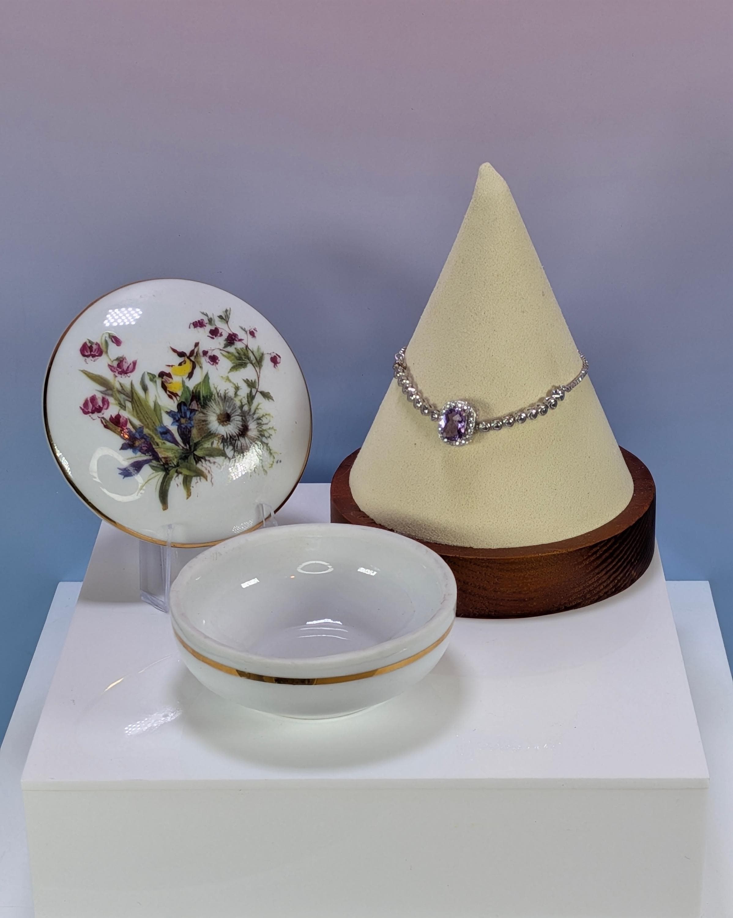 Vintage Konditorei Zauner Trinket Dish Bundled With Adjustable Sterling Silver Amethyst Halo Line Bracelet, Special Gift Set For Her view 3