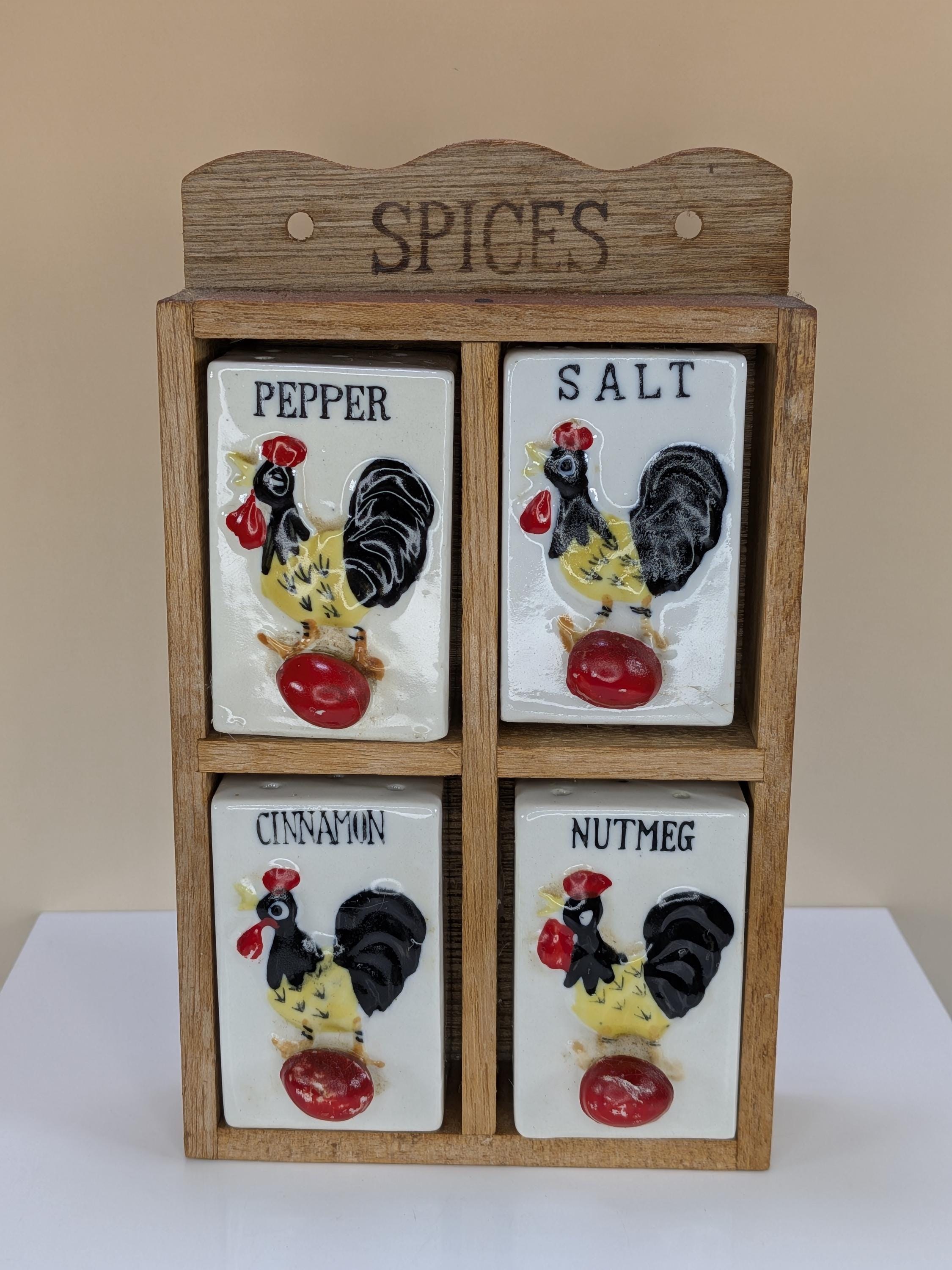 Vintage Japan Ceramic Rooster Spice Rack Complete Set With Wooden Wall Hanging Display Shelf Including All Original Corks