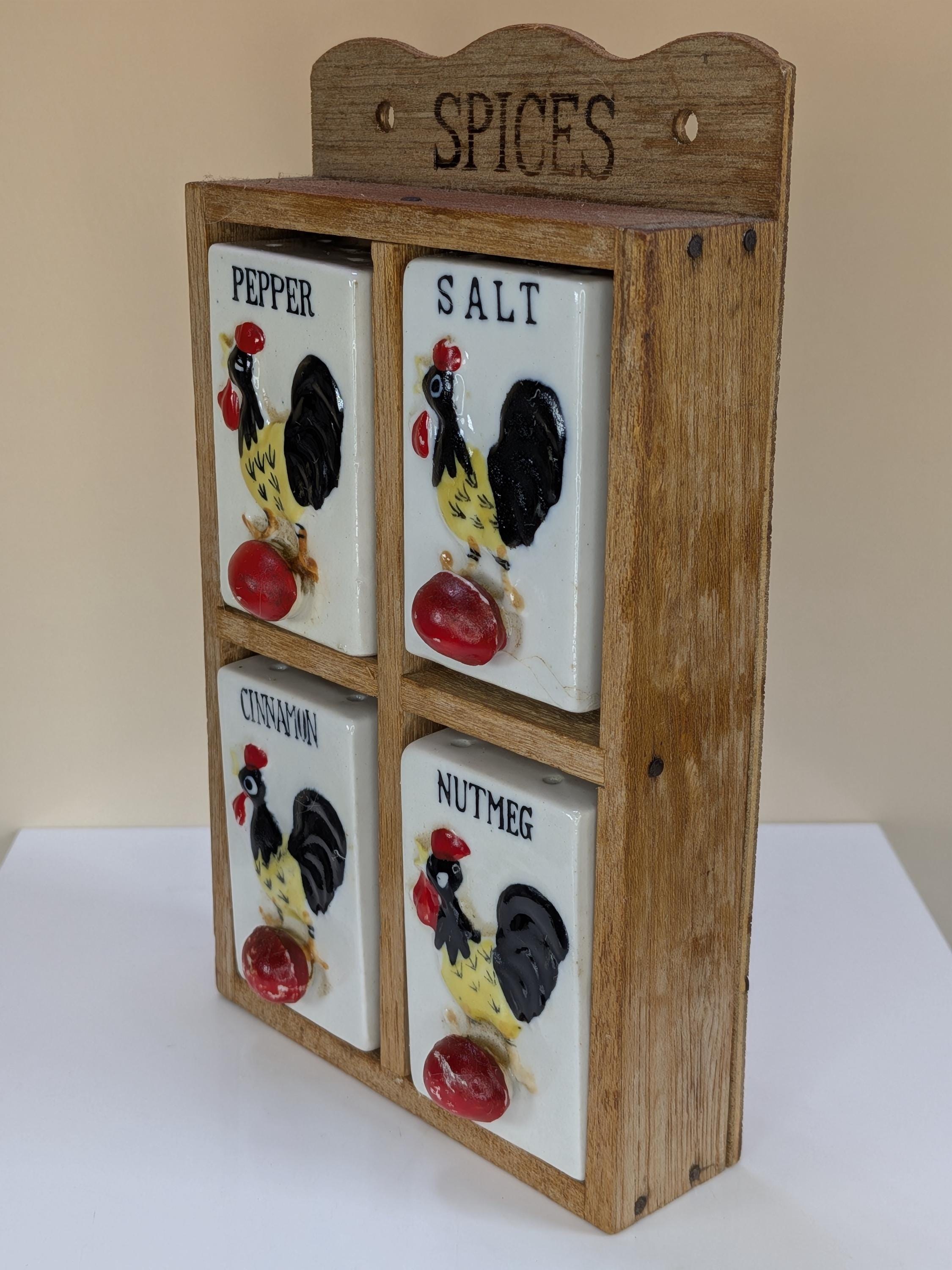 Vintage Japan Ceramic Rooster Spice Rack Complete Set With Wooden Wall Hanging Display Shelf Including All Original Corks view 2