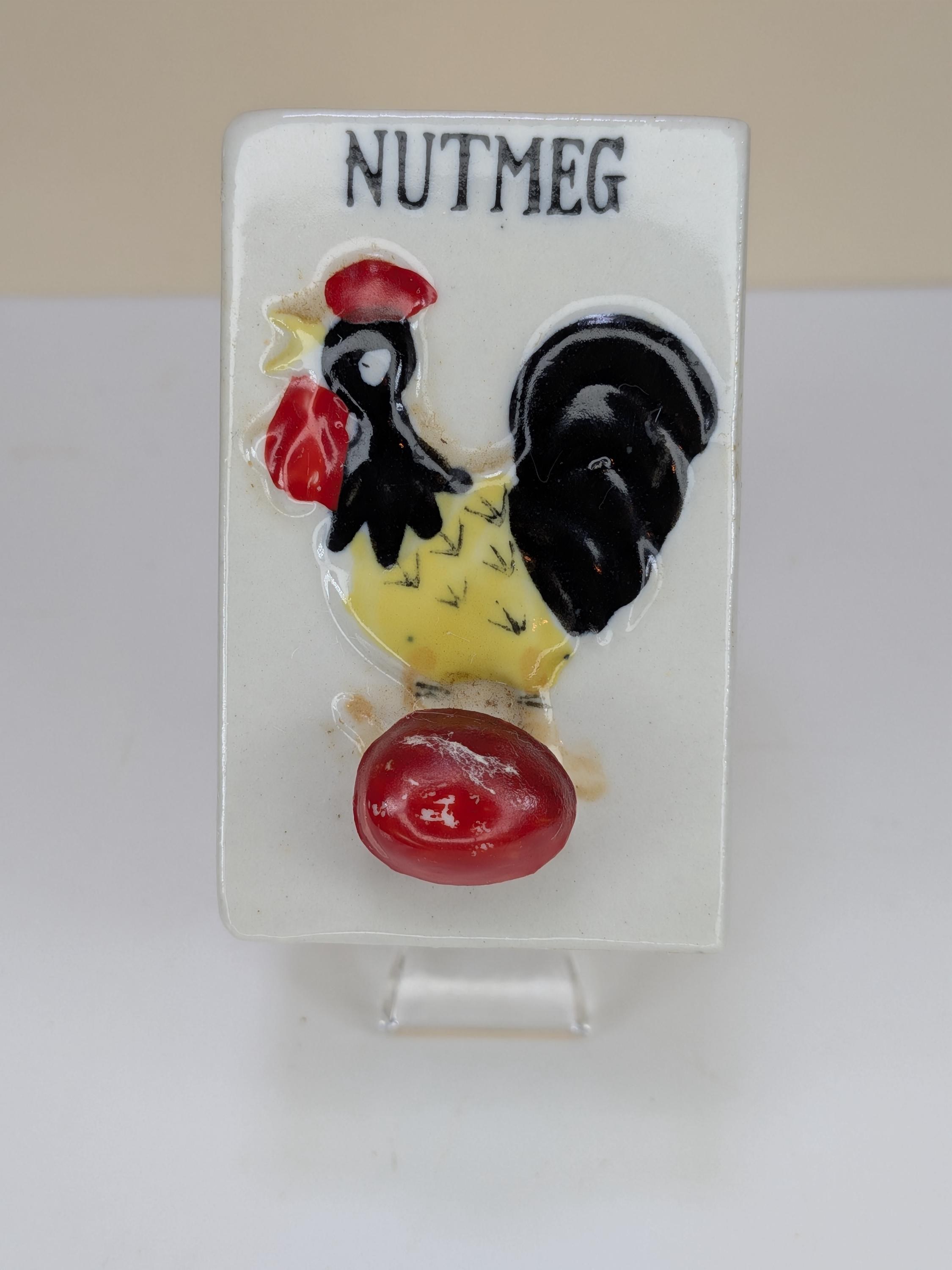 Vintage Japan Ceramic Rooster Spice Rack Complete Set With Wooden Wall Hanging Display Shelf Including All Original Corks view 11