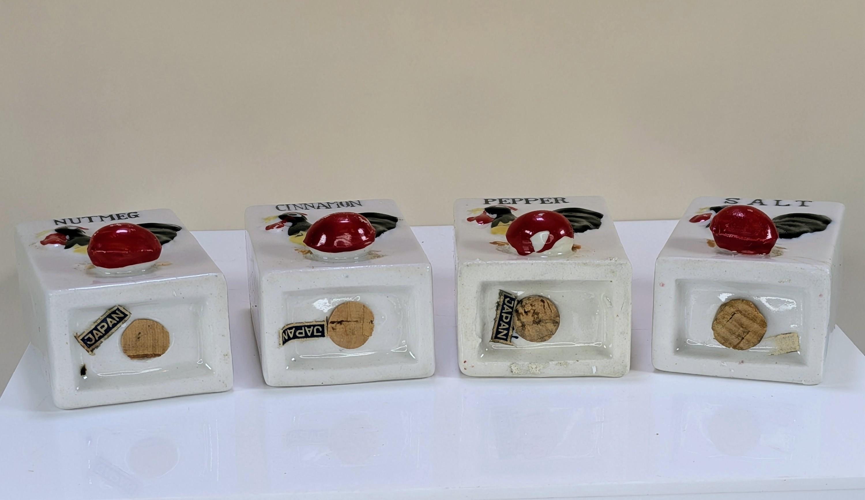 Vintage Japan Ceramic Rooster Spice Rack Complete Set With Wooden Wall Hanging Display Shelf Including All Original Corks view 12