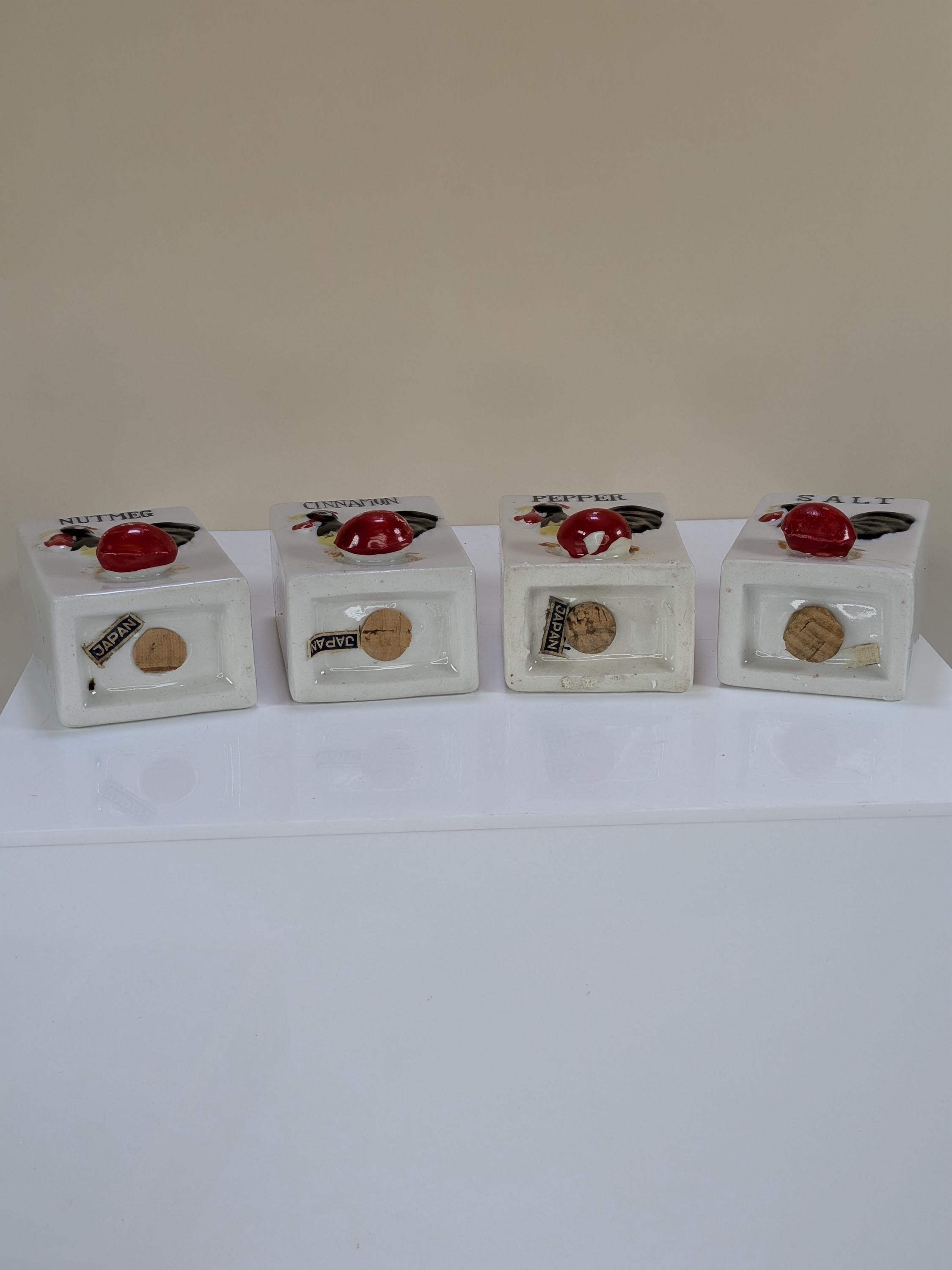 Vintage Japan Ceramic Rooster Spice Rack Complete Set With Wooden Wall Hanging Display Shelf Including All Original Corks view 13