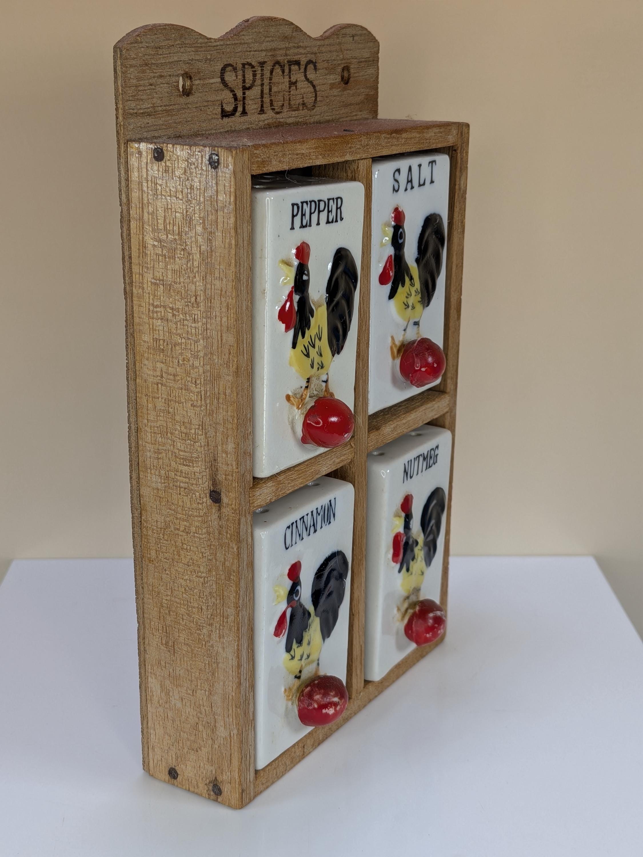 Vintage Japan Ceramic Rooster Spice Rack Complete Set With Wooden Wall Hanging Display Shelf Including All Original Corks view 3