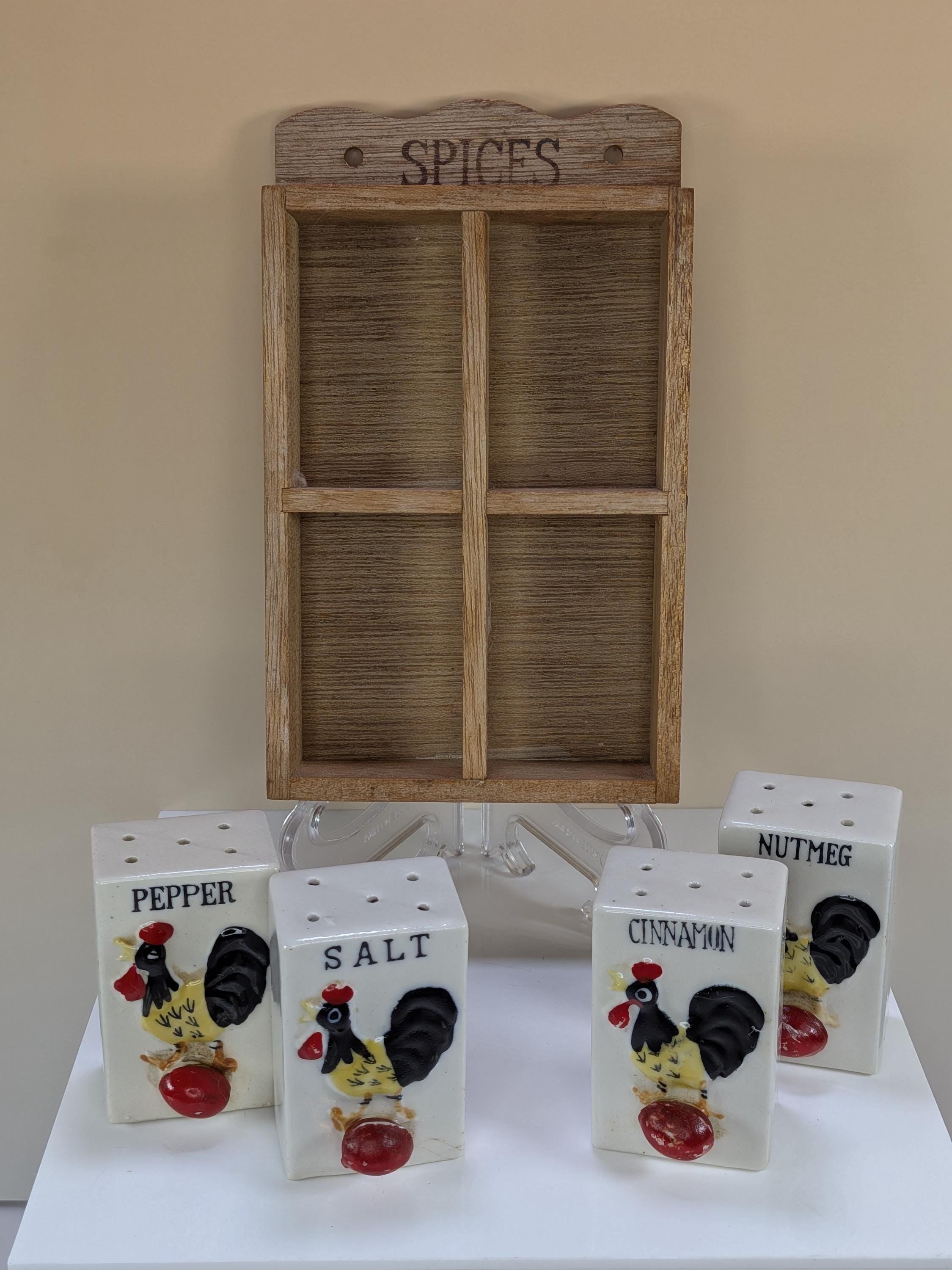 Vintage Japan Ceramic Rooster Spice Rack Complete Set With Wooden Wall Hanging Display Shelf Including All Original Corks view 6