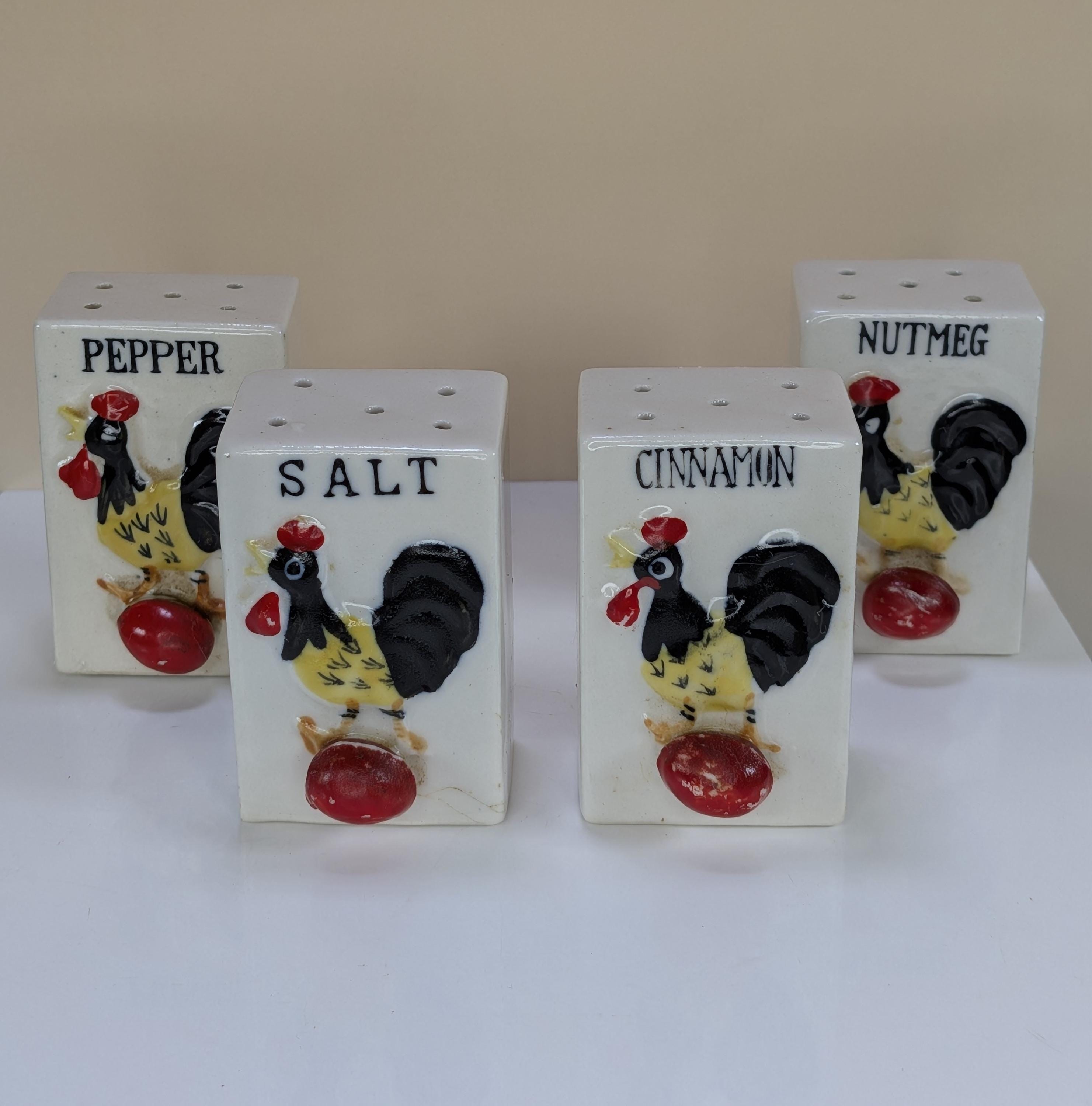 Vintage Japan Ceramic Rooster Spice Rack Complete Set With Wooden Wall Hanging Display Shelf Including All Original Corks view 7