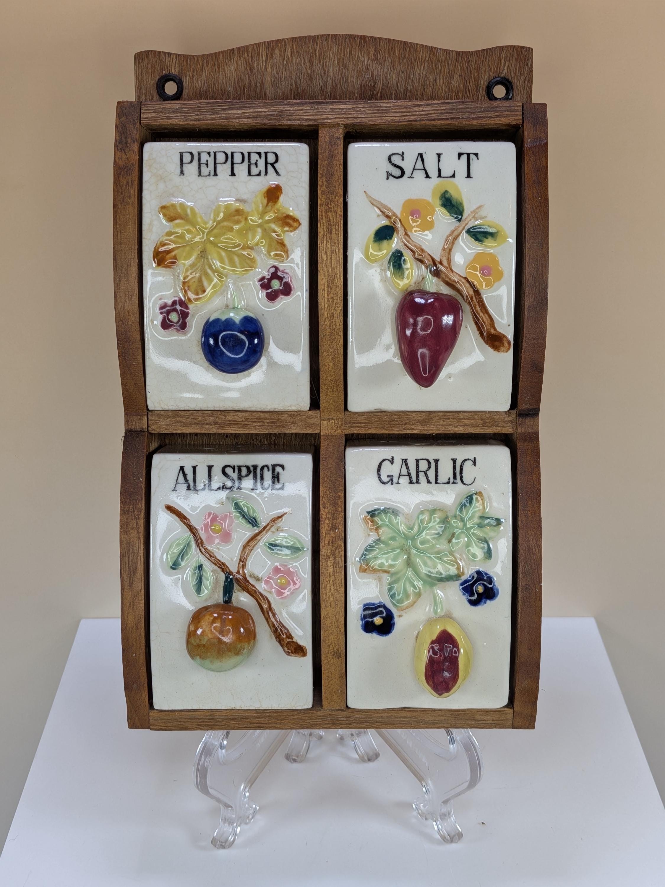 Vintage Japan Ceramic Salt Pepper Allspice Garlic Spice Rack Set With Wooden Wall Hanging Display Shelf