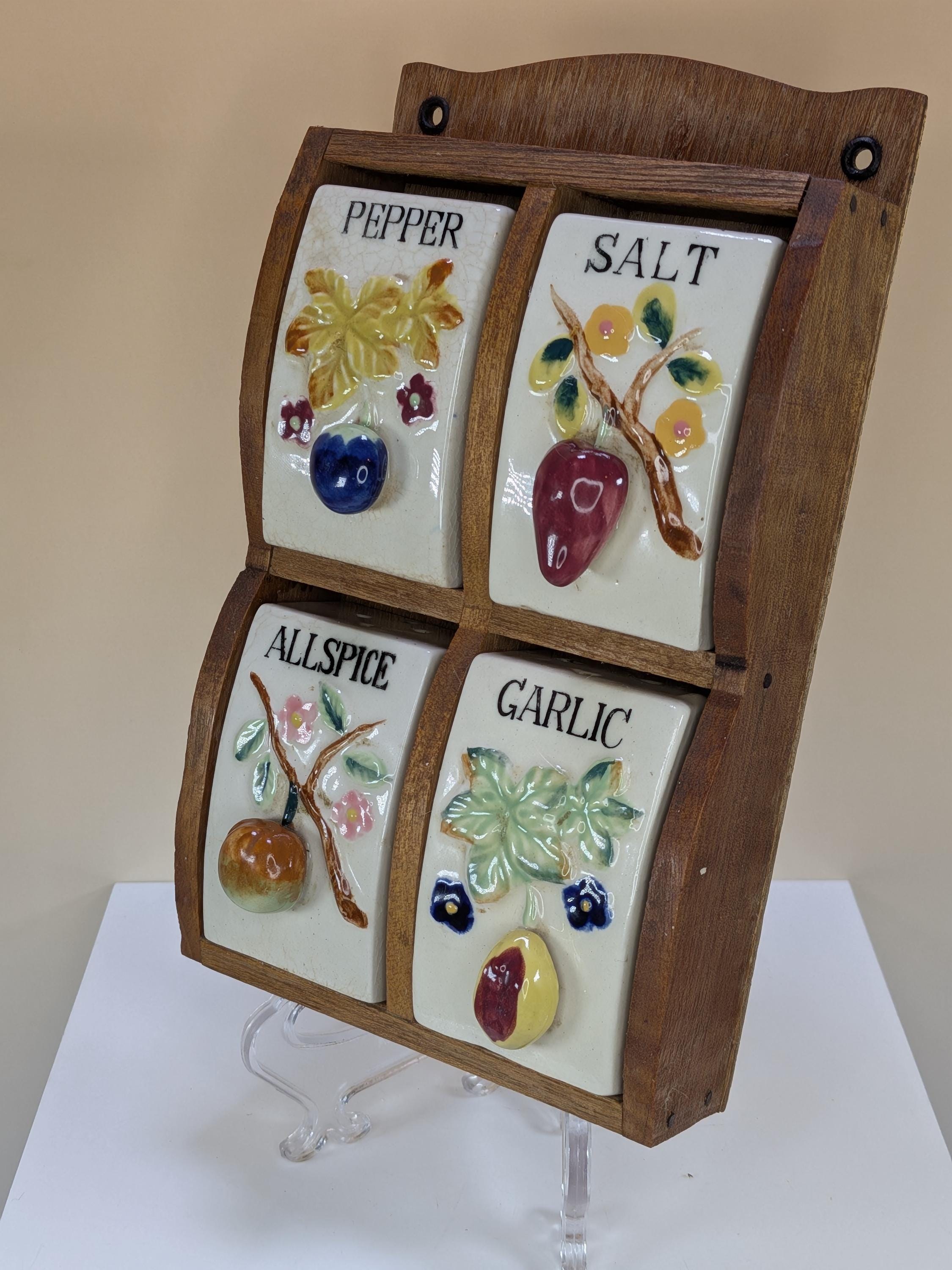 Vintage Japan Ceramic Salt Pepper Allspice Garlic Spice Rack Set With Wooden Wall Hanging Display Shelf view 2