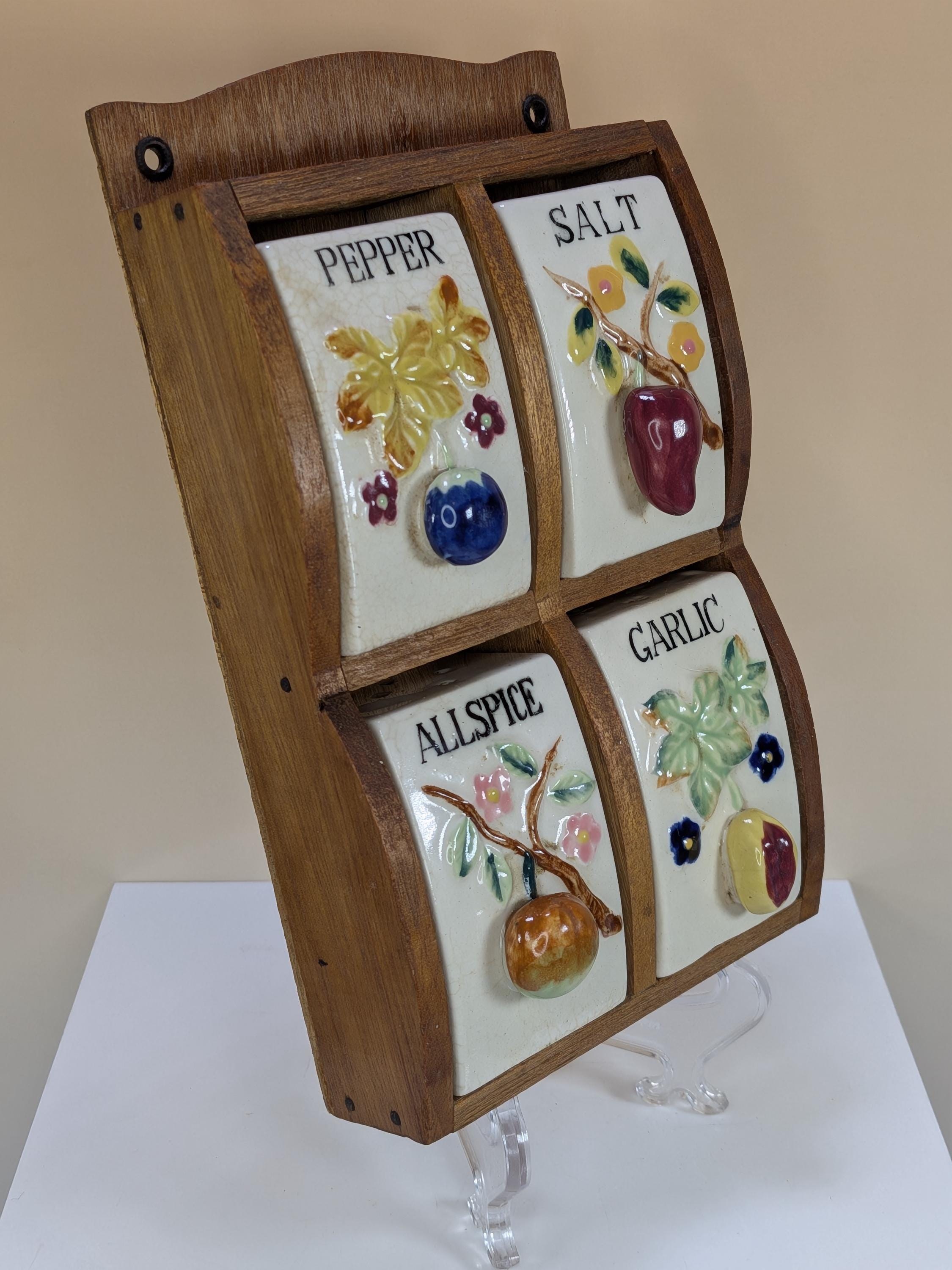 Vintage Japan Ceramic Salt Pepper Allspice Garlic Spice Rack Set With Wooden Wall Hanging Display Shelf view 3