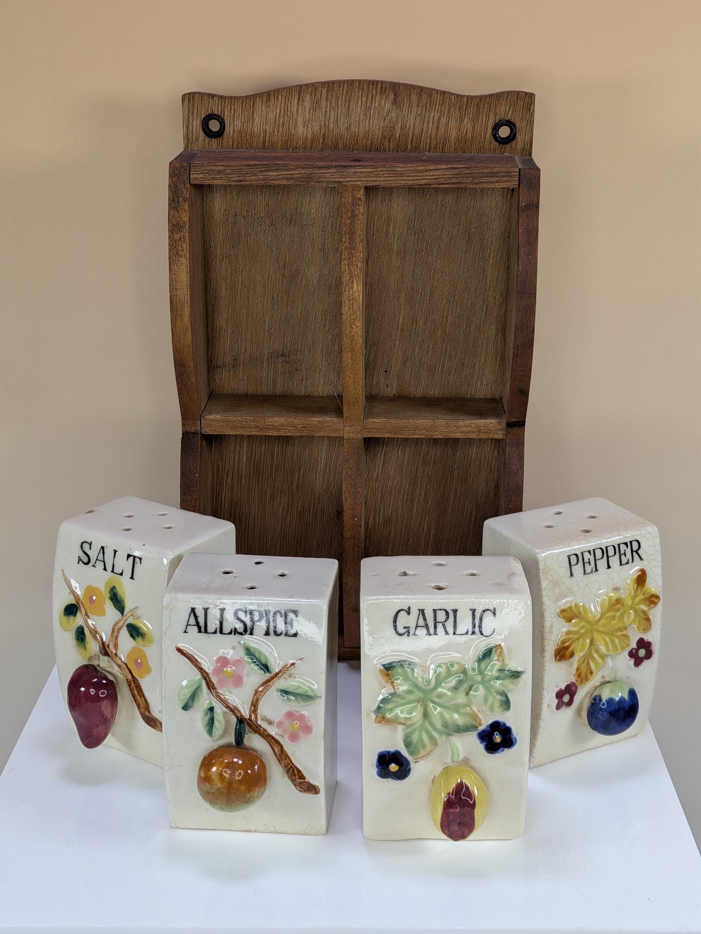Vintage Japan Ceramic Salt Pepper Allspice Garlic Spice Rack Set With Wooden Wall Hanging Display Shelf view 5