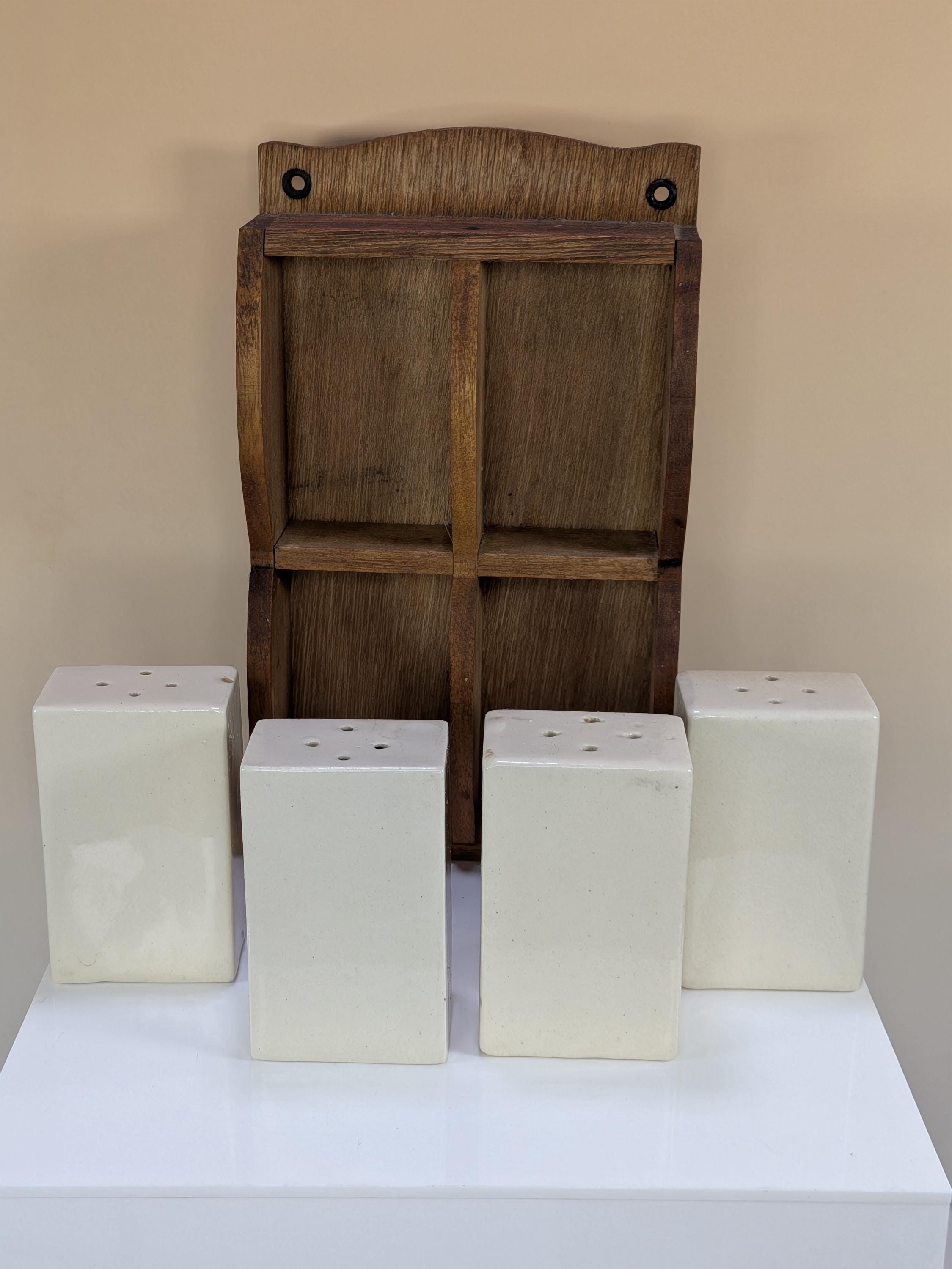Vintage Japan Ceramic Salt Pepper Allspice Garlic Spice Rack Set With Wooden Wall Hanging Display Shelf view 6