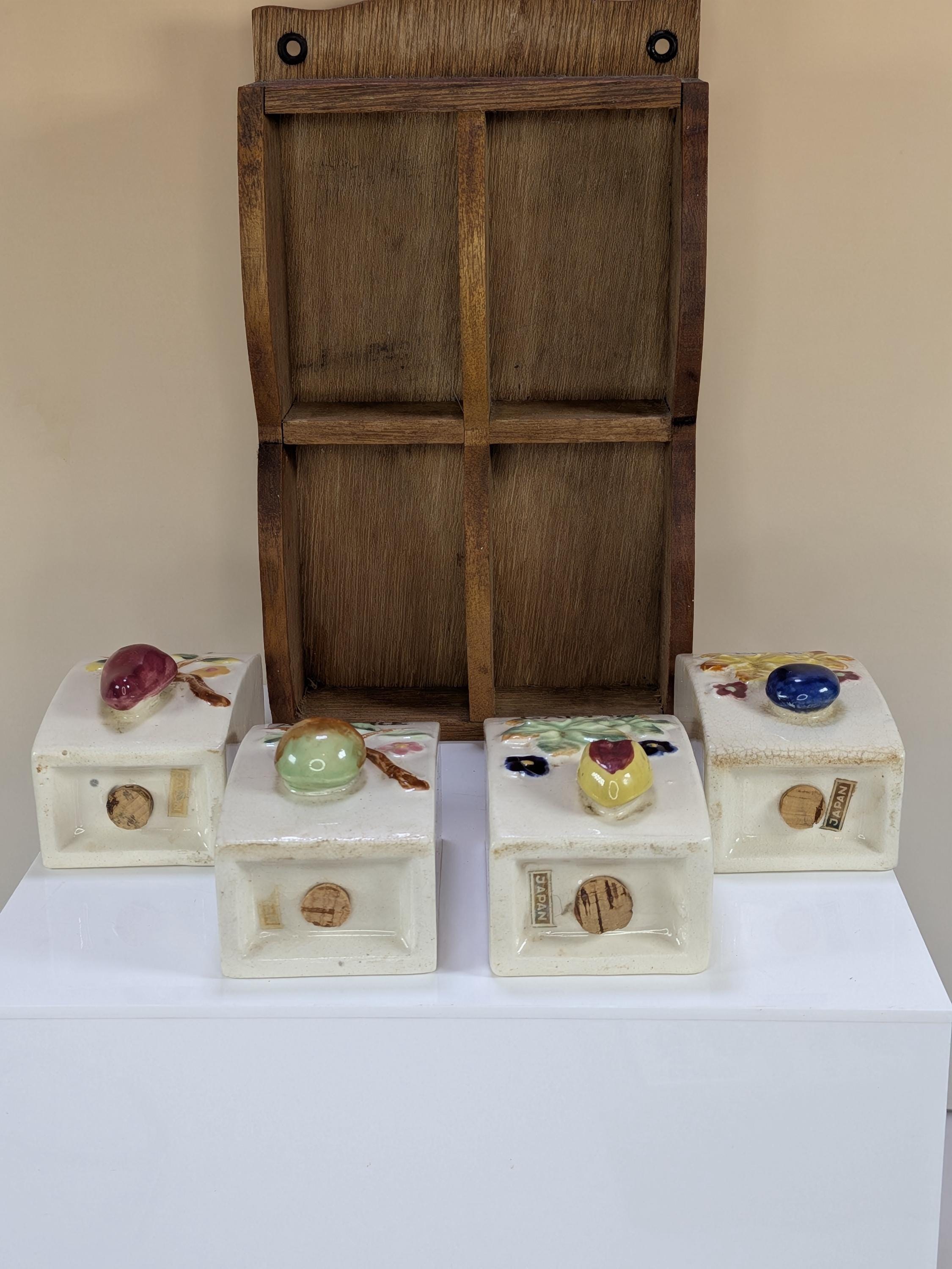 Vintage Japan Ceramic Salt Pepper Allspice Garlic Spice Rack Set With Wooden Wall Hanging Display Shelf view 7