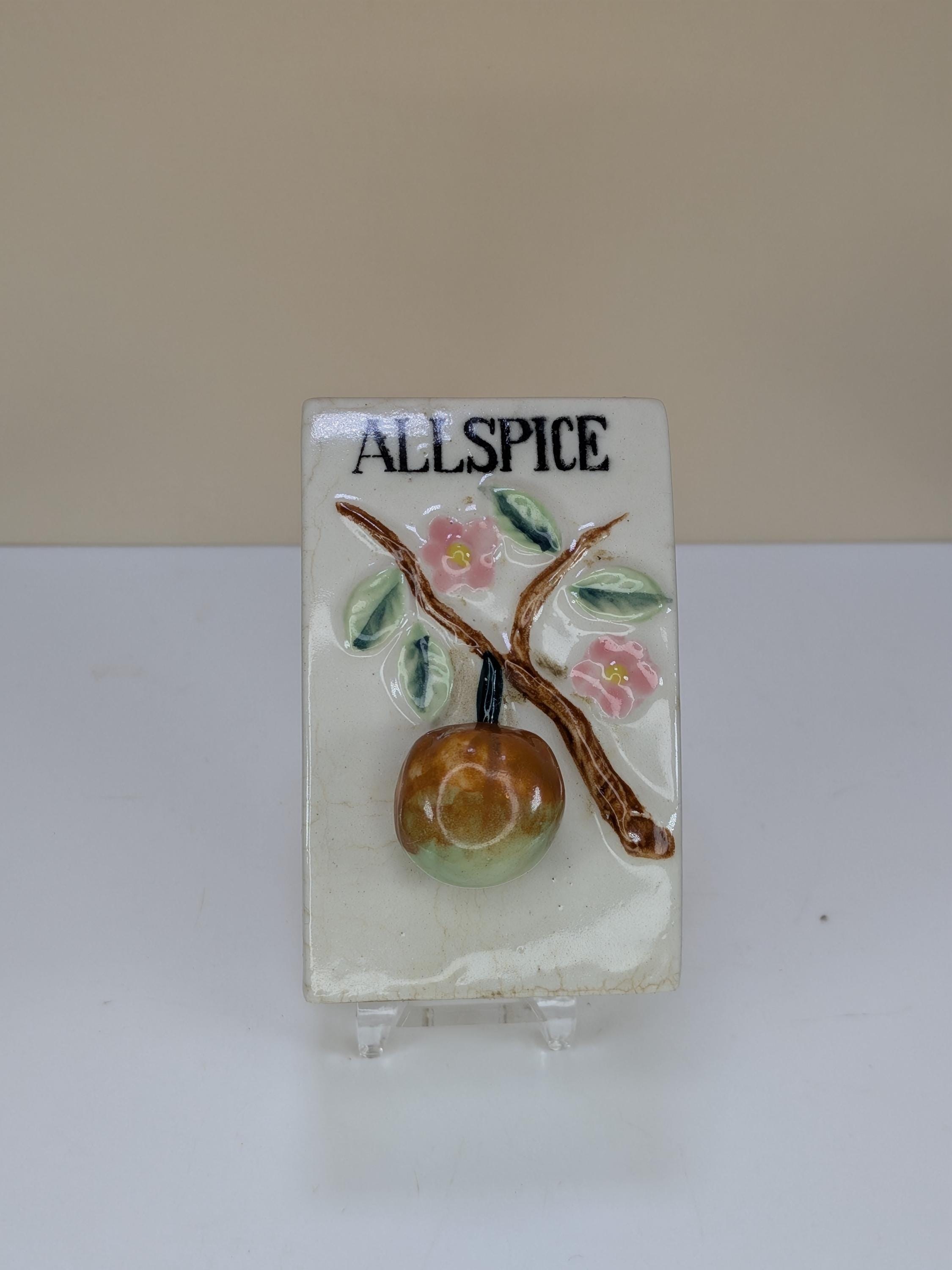 Vintage Japan Ceramic Salt Pepper Allspice Garlic Spice Rack Set With Wooden Wall Hanging Display Shelf view 10