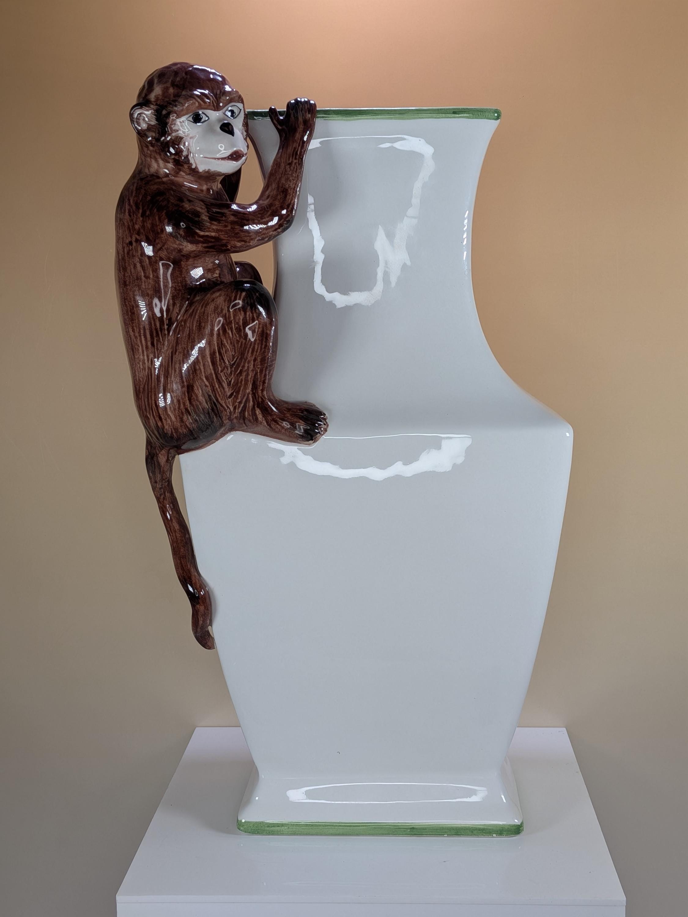 Vintage Italian Hand Painted Ceramic Monkey Urn Vase Whimsical Chinoiserie Climbing Figurine White And Green Accent