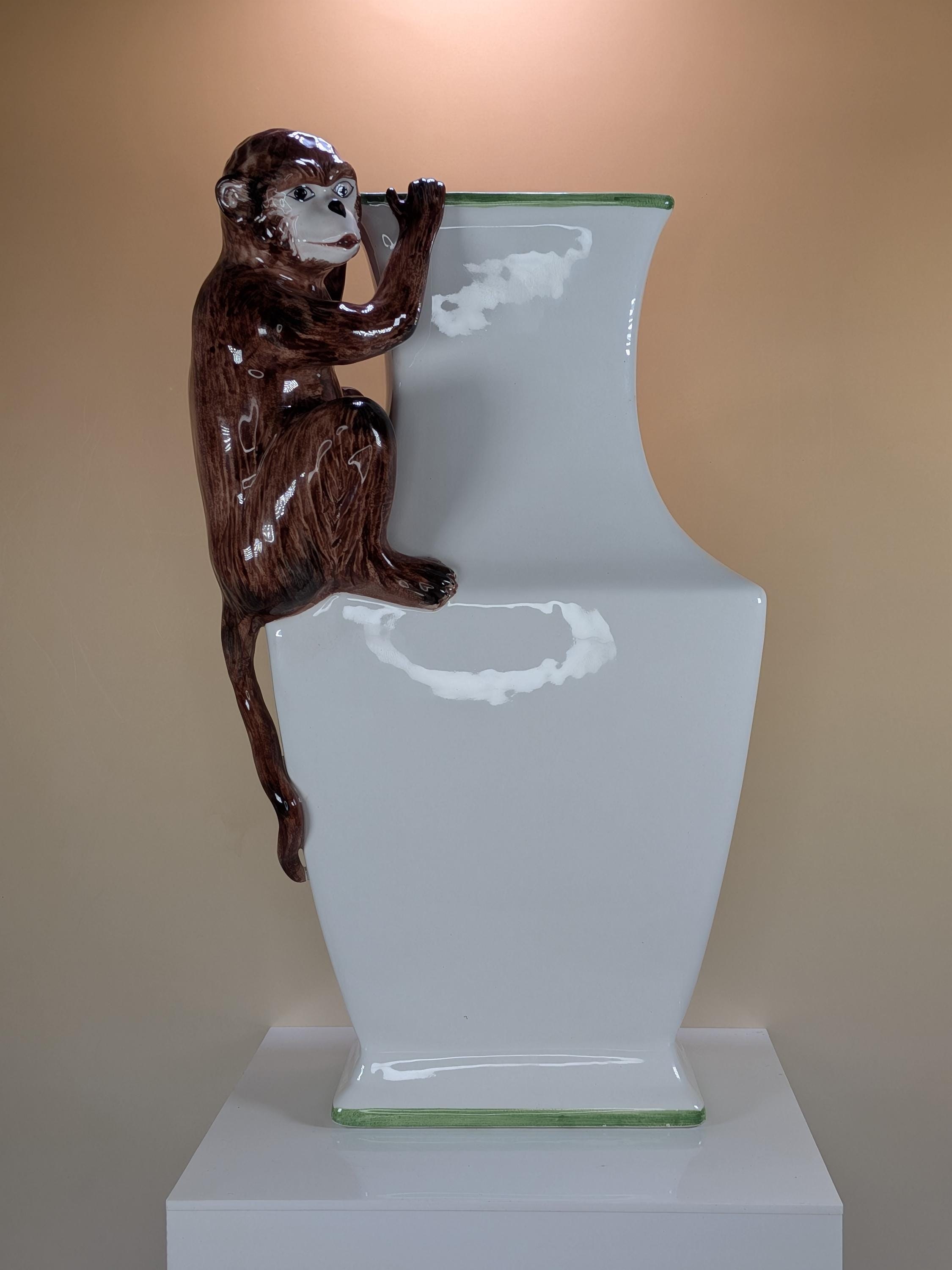 Vintage Italian Hand Painted Ceramic Monkey Urn Vase Whimsical Chinoiserie Climbing Figurine White And Green Accent view 2