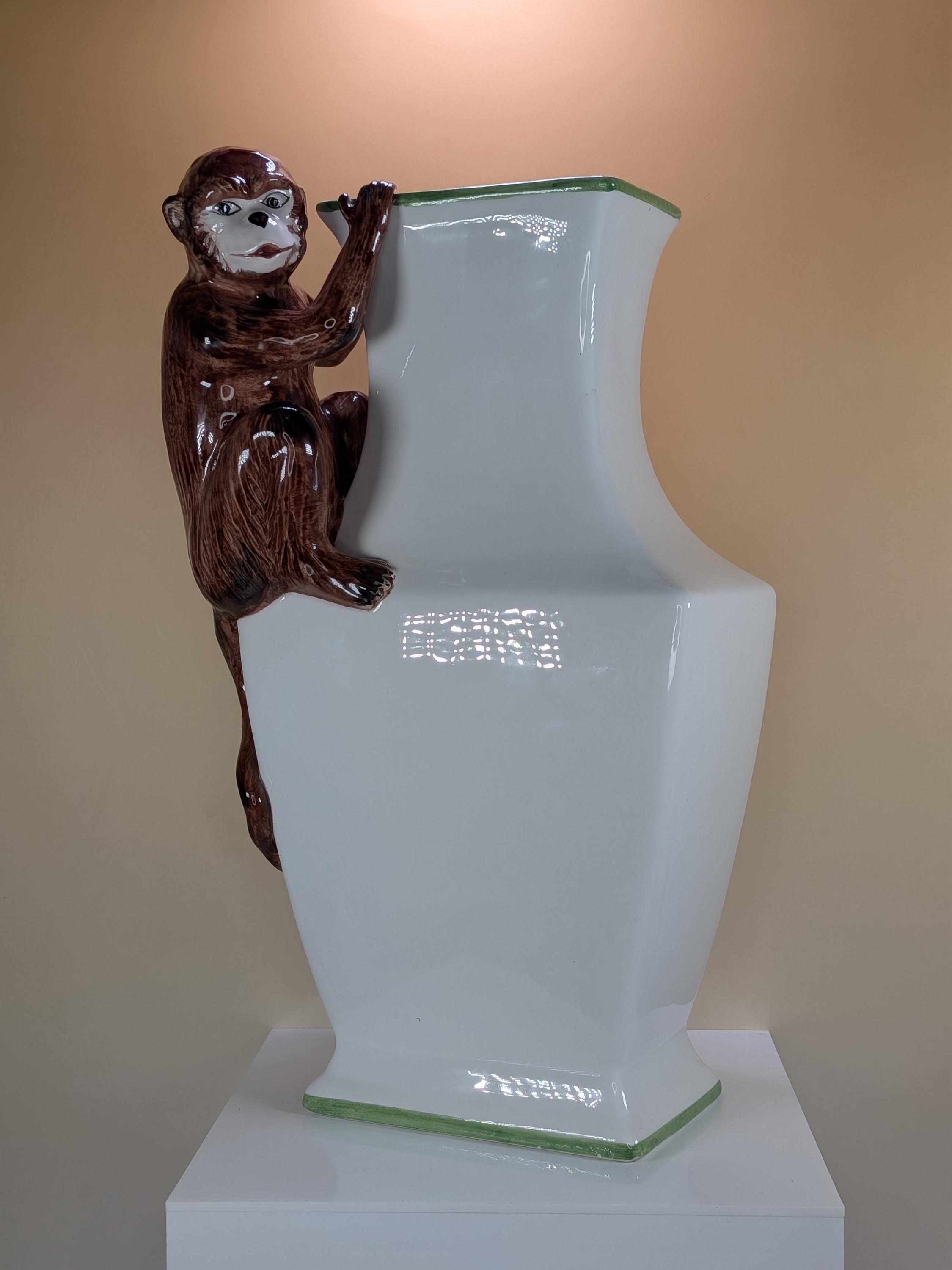 Vintage Italian Hand Painted Ceramic Monkey Urn Vase Whimsical Chinoiserie Climbing Figurine White And Green Accent view 3