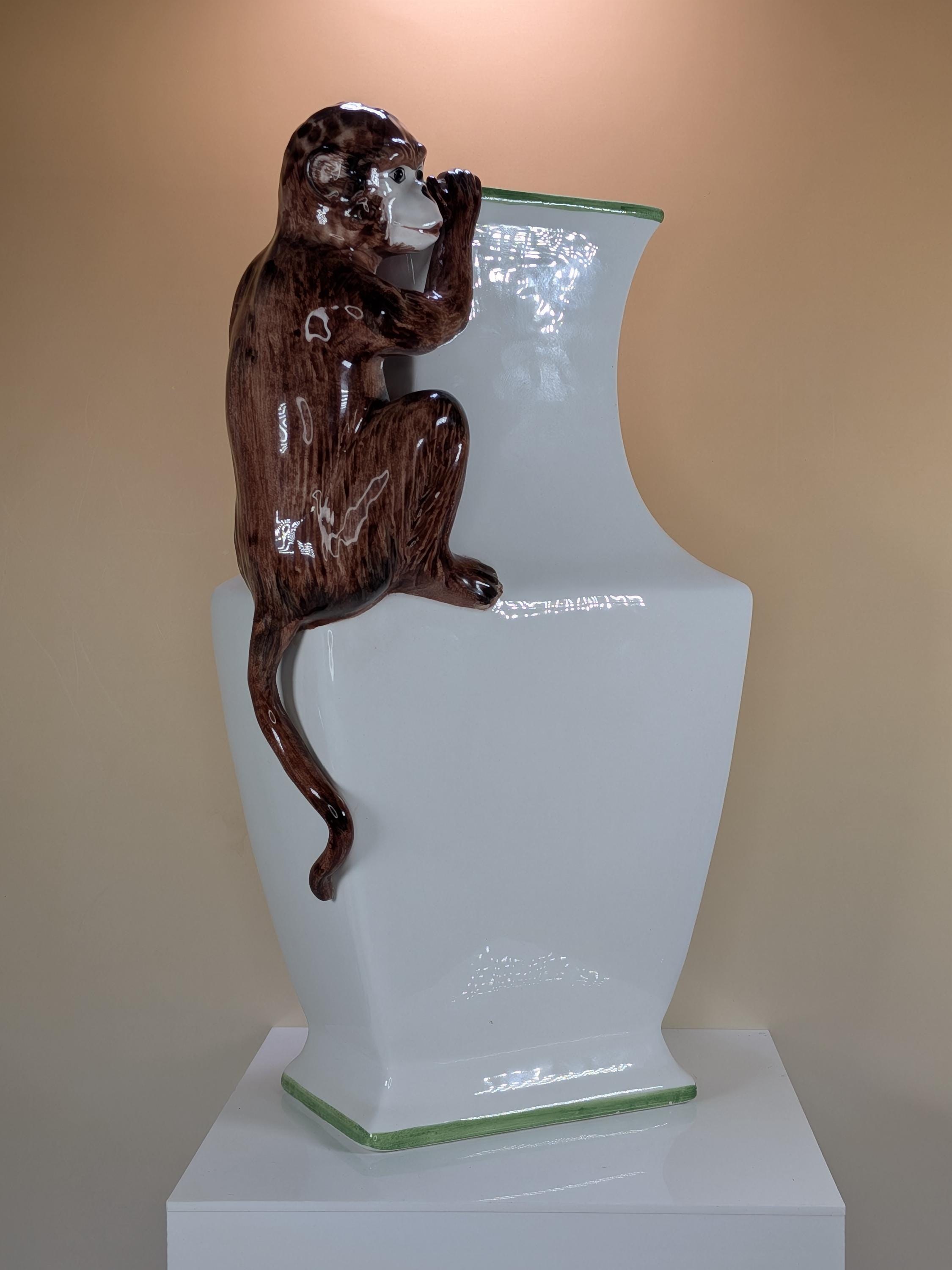 Vintage Italian Hand Painted Ceramic Monkey Urn Vase Whimsical Chinoiserie Climbing Figurine White And Green Accent view 4