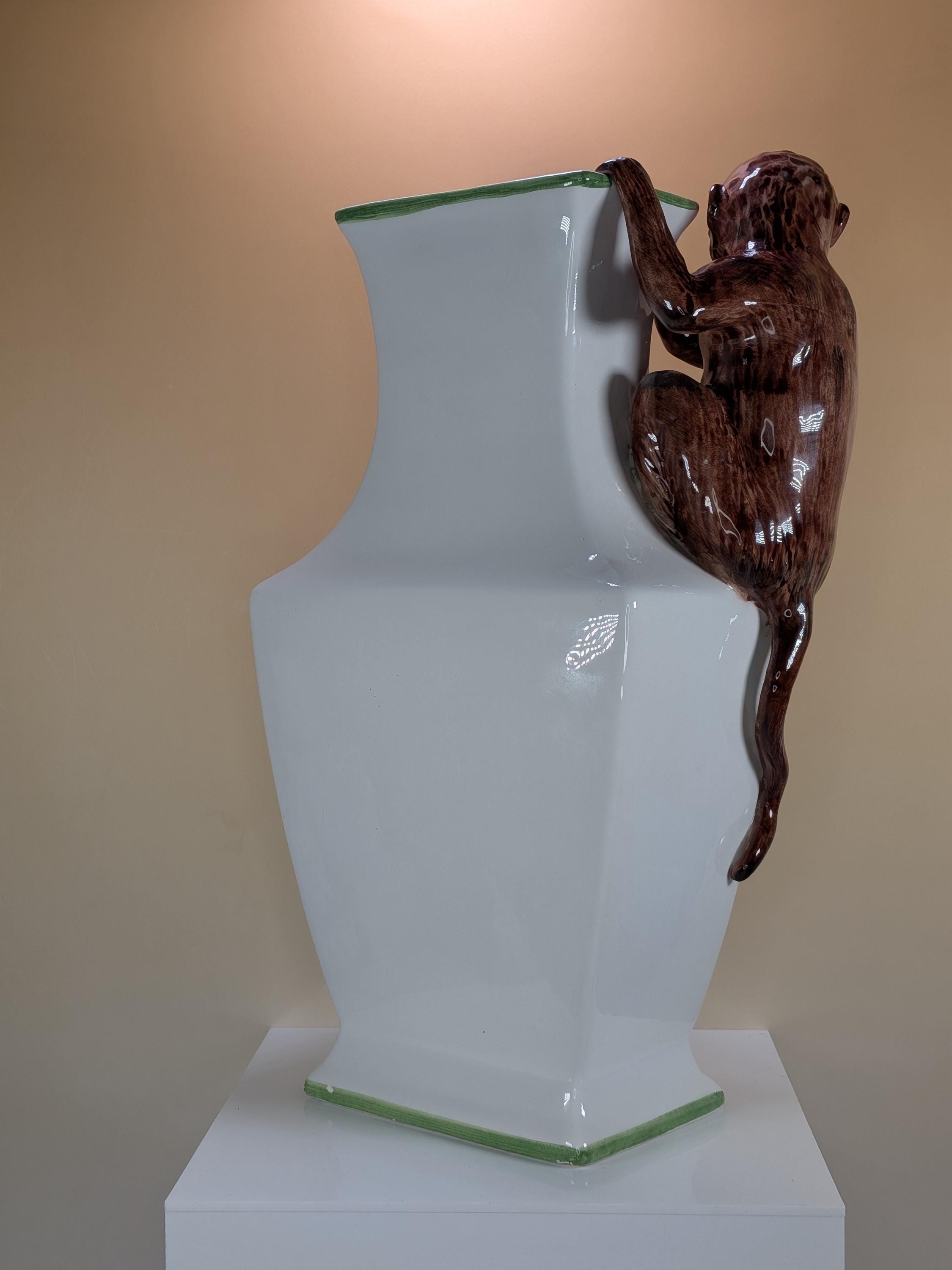 Vintage Italian Hand Painted Ceramic Monkey Urn Vase Whimsical Chinoiserie Climbing Figurine White And Green Accent view 6