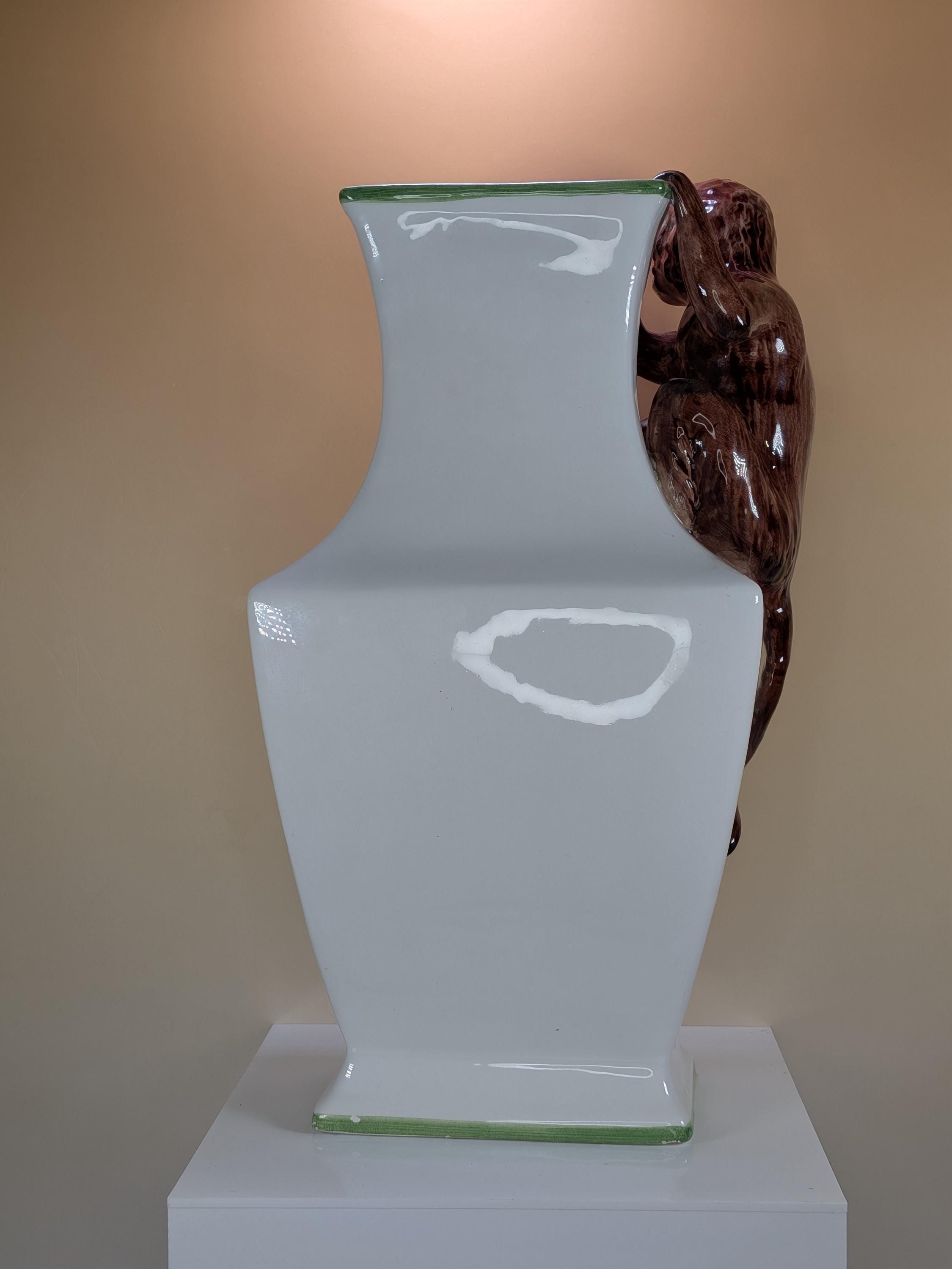 Vintage Italian Hand Painted Ceramic Monkey Urn Vase Whimsical Chinoiserie Climbing Figurine White And Green Accent view 7