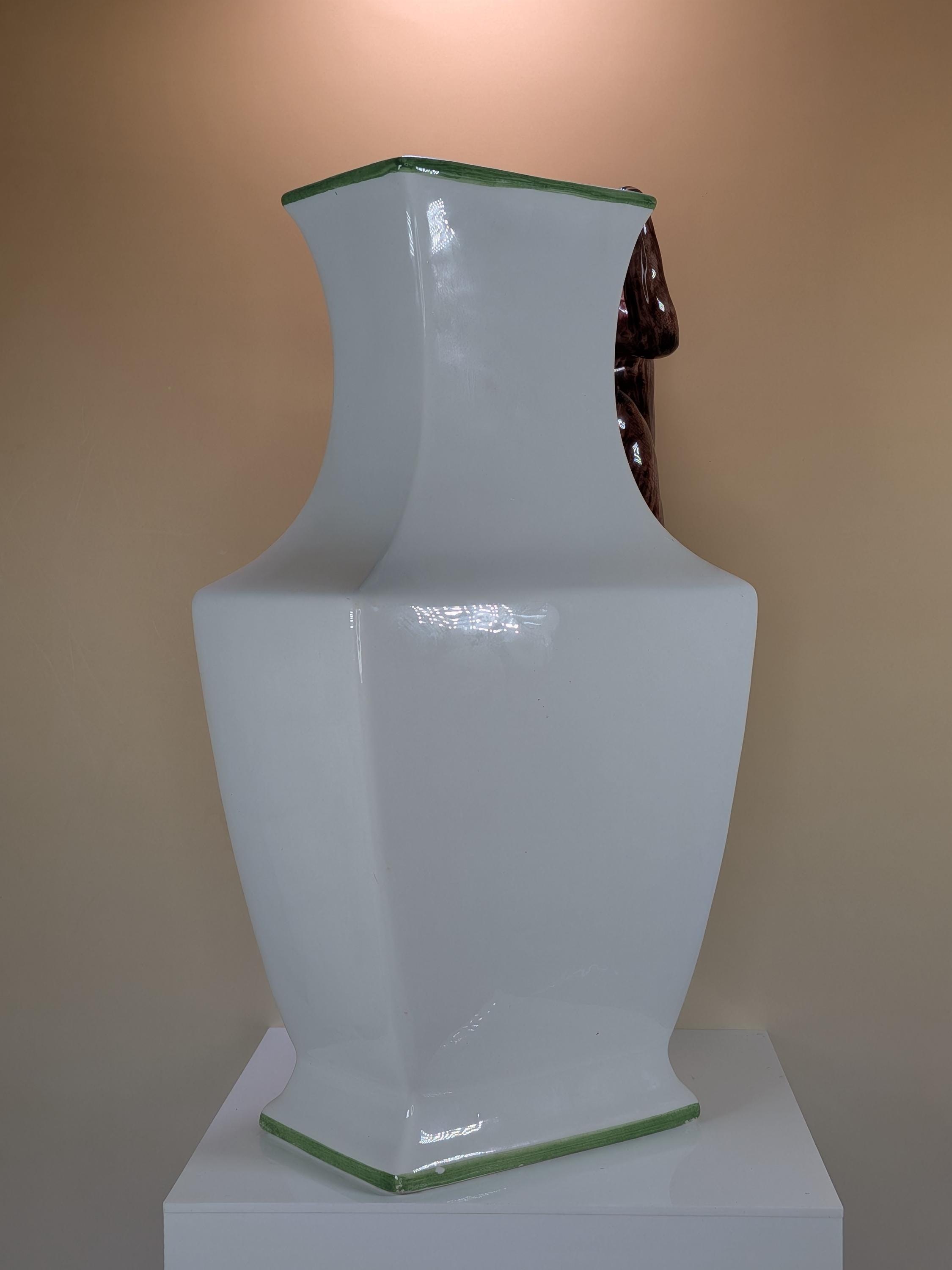 Vintage Italian Hand Painted Ceramic Monkey Urn Vase Whimsical Chinoiserie Climbing Figurine White And Green Accent view 8