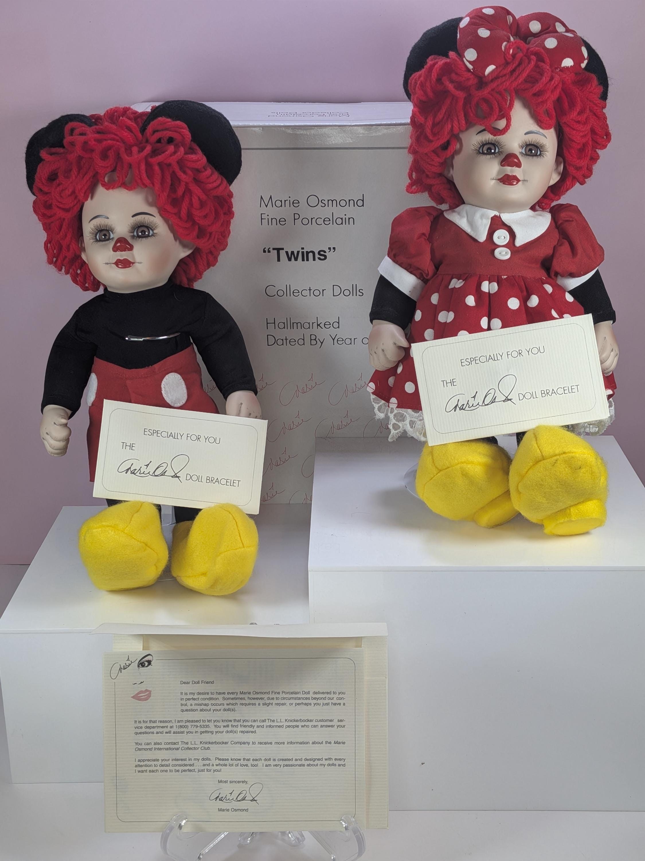Vintage Marie Osmond Fine Porcelain Twins Rosie And Rags Mickey Minnie Dolls Set New In Box With Stands and Certificate with Bonus Bracelets