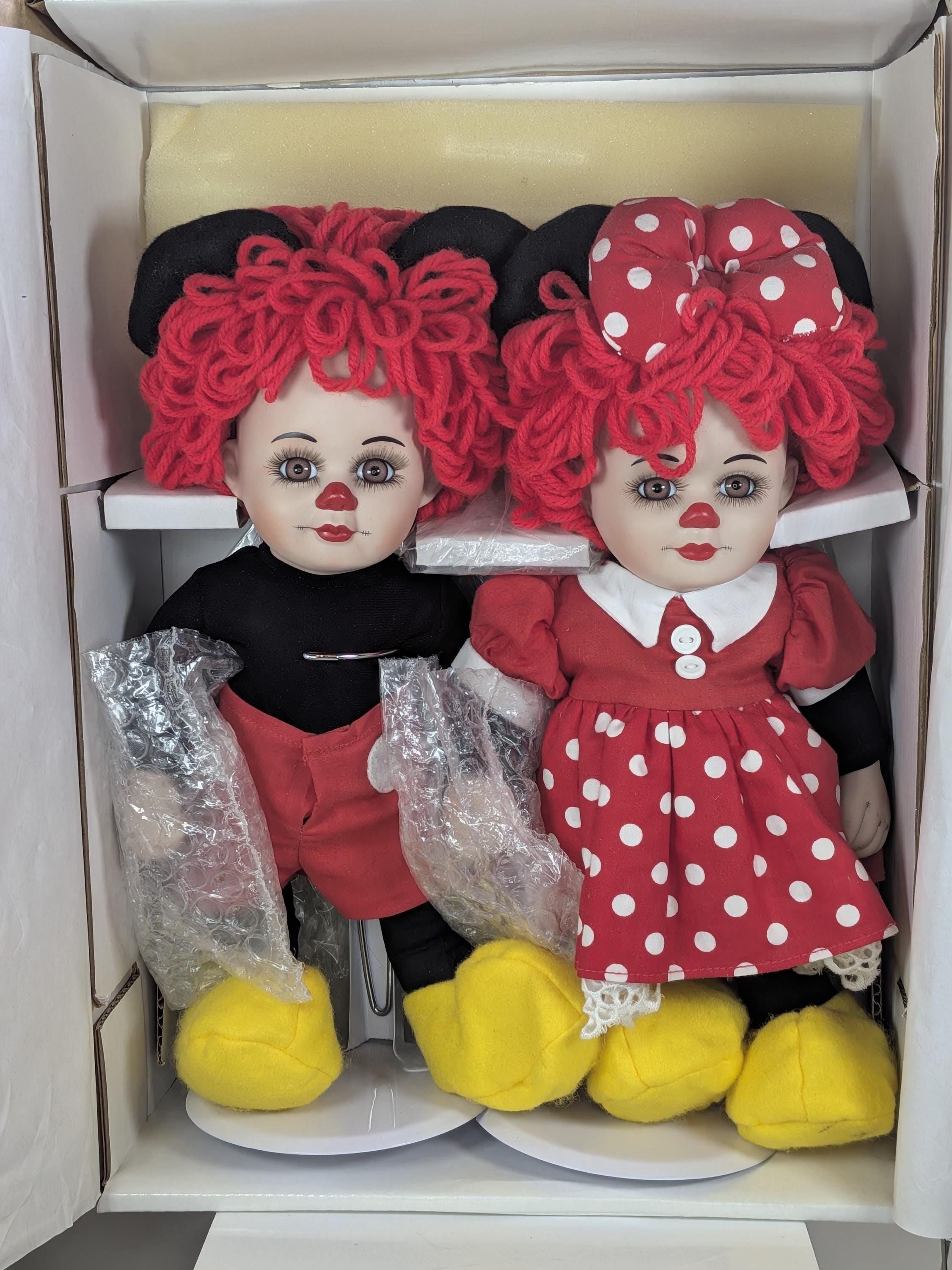 Vintage Marie Osmond Fine Porcelain Twins Rosie And Rags Mickey Minnie Dolls Set New In Box With Stands and Certificate with Bonus Bracelets view 2