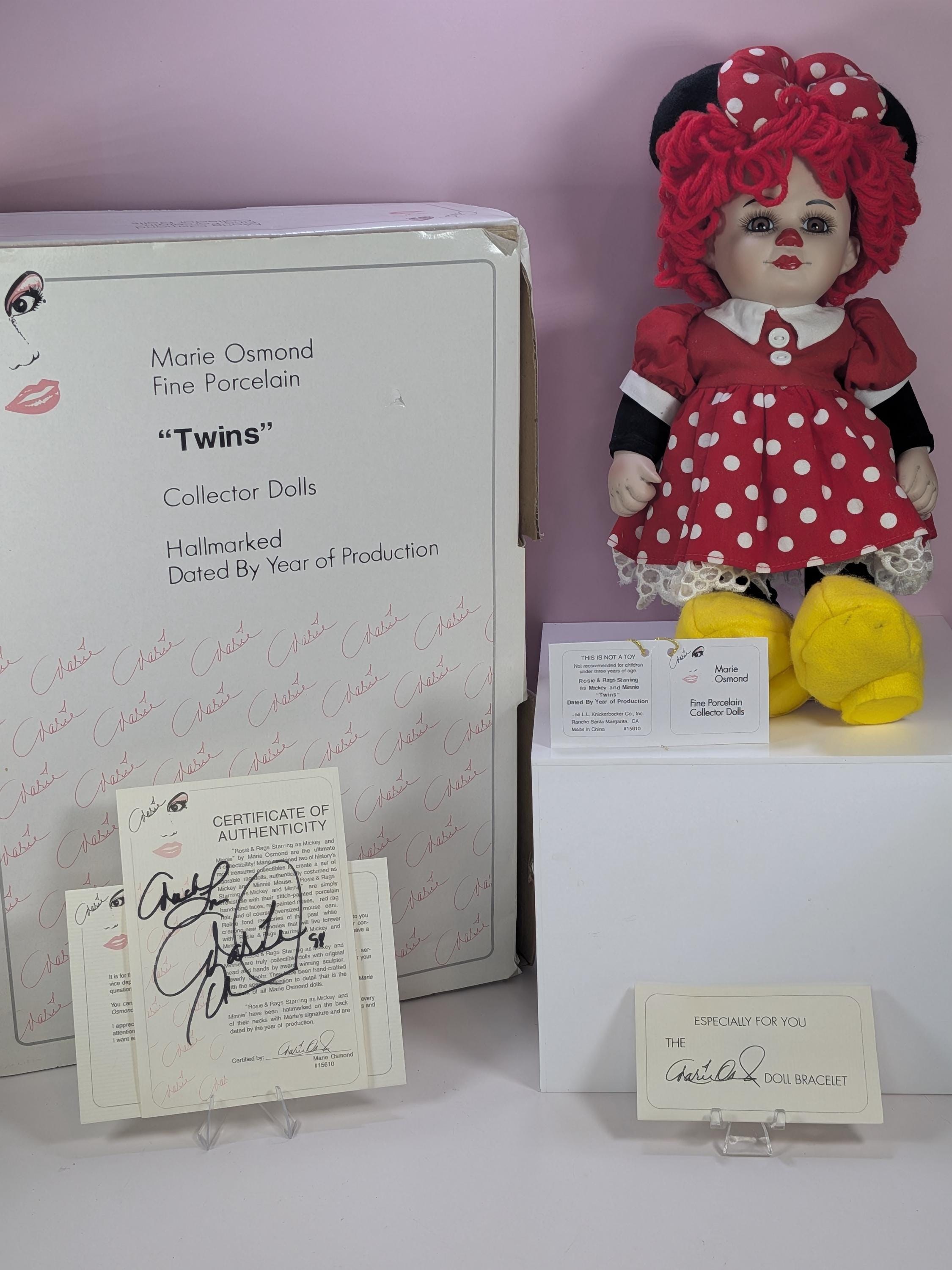Vintage Marie Osmond Fine Porcelain Twins Rosie And Rags Mickey Minnie Dolls Set New In Box With Stands and Certificate with Bonus Bracelets view 5