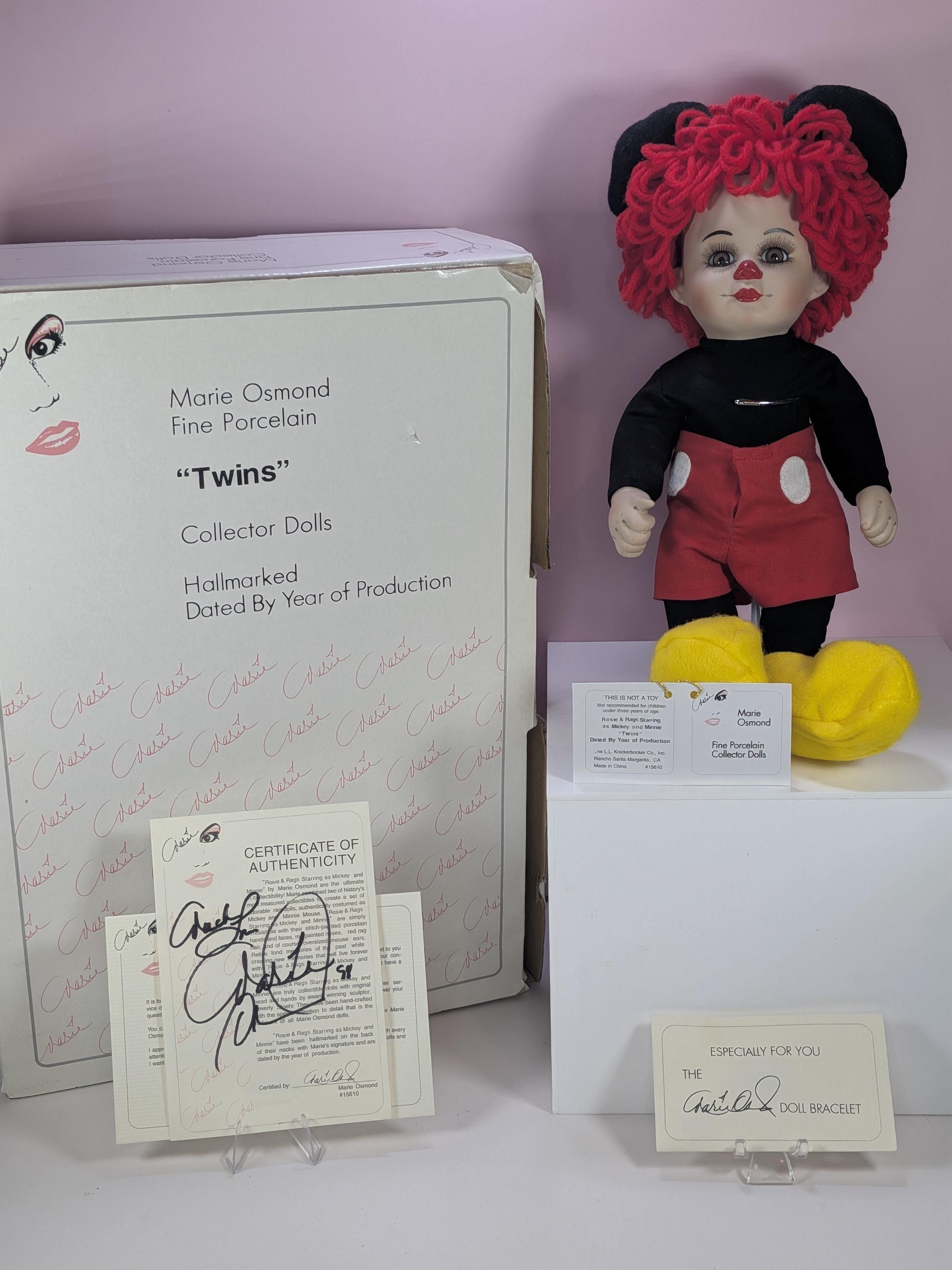 Vintage Marie Osmond Fine Porcelain Twins Rosie And Rags Mickey Minnie Dolls Set New In Box With Stands and Certificate with Bonus Bracelets view 6