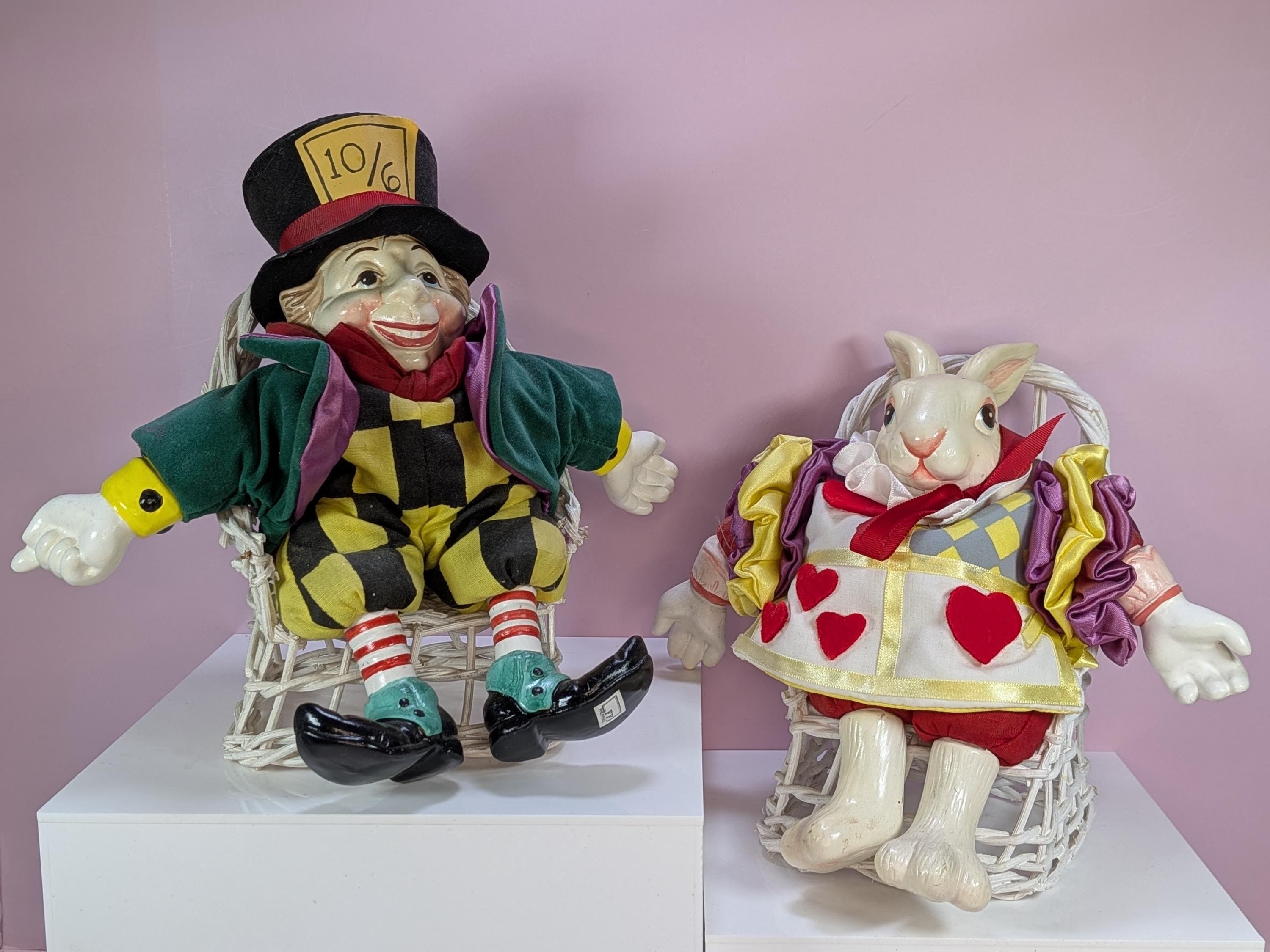 Vintage 1992 Fitz & Floyd "Wonderland World" Floppy Folks Doll Set of 2 Mad Hatter and the White Rabbit