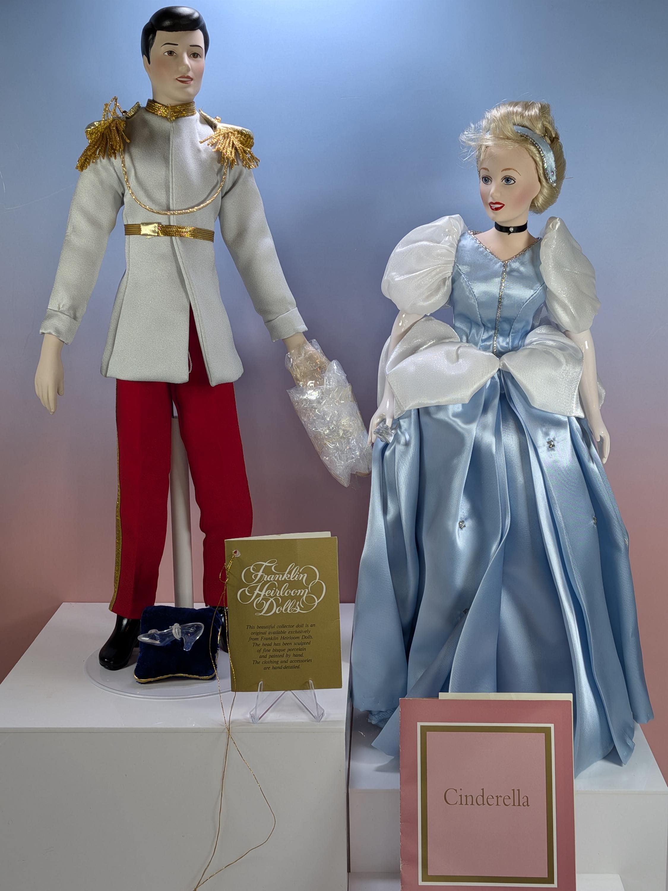 Rare Complete Franklin Mint Heirloom Disney Cinderella Prince Charming Porcelain Doll Set 1991 Vintage Bisque 15” Original Box Accessories view 3