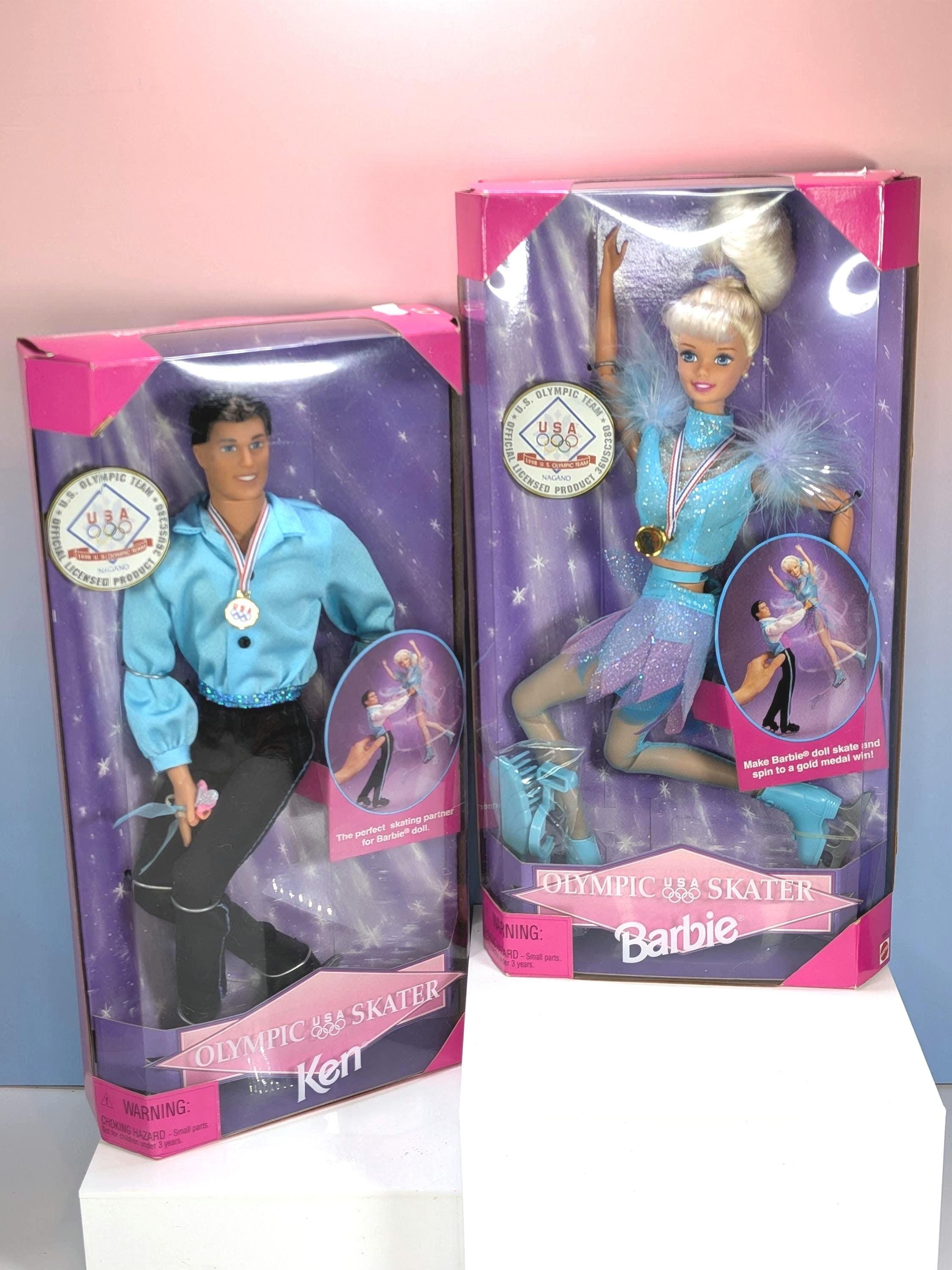 Vintage 1997 Mattel Olympic Skater Barbie and Ken Dolls NIB, Nagano 1998 Winter Games Collectible Figure Set, 90s Toys Deadstock Mint in Box