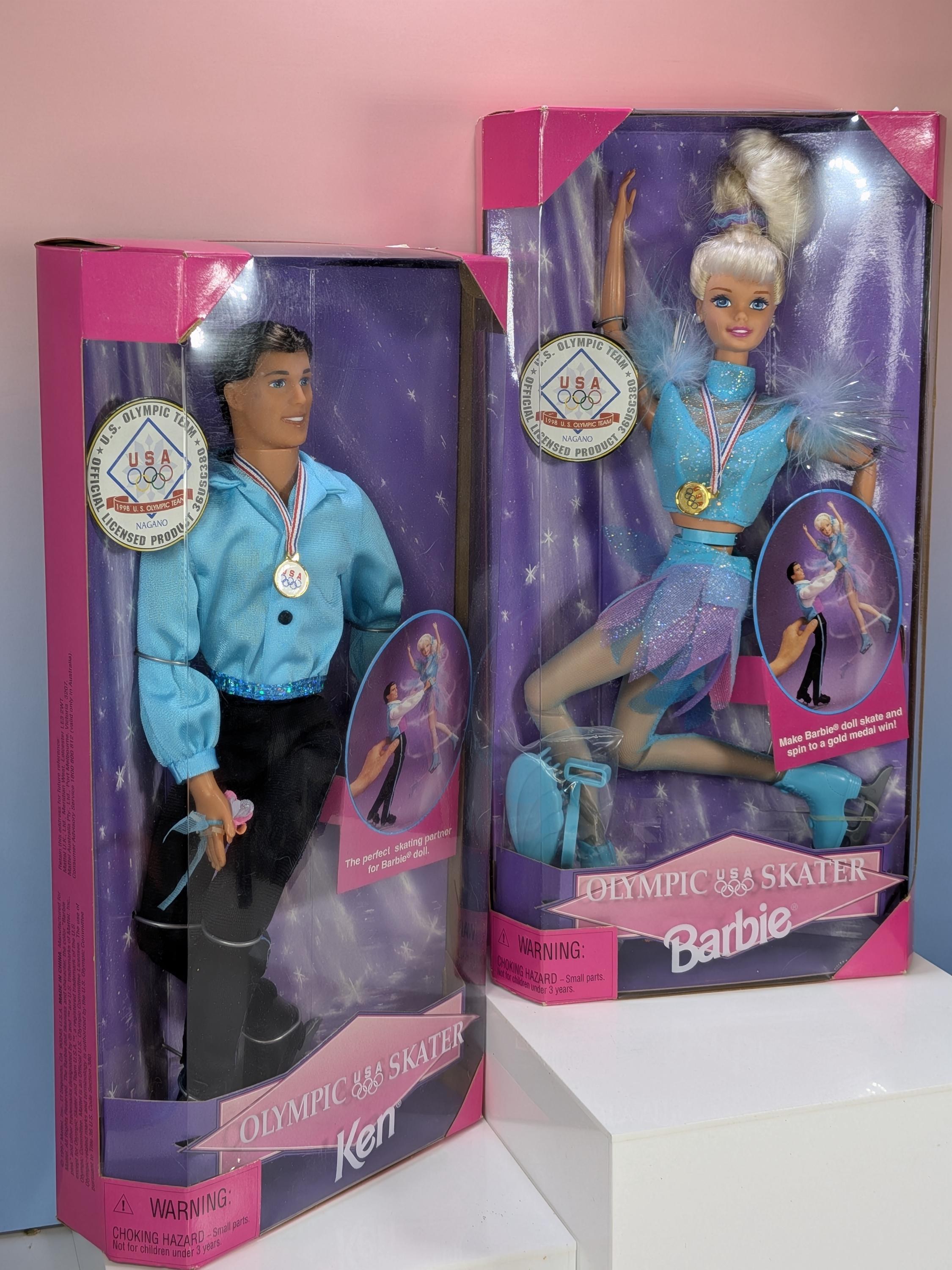 Vintage 1997 Mattel Olympic Skater Barbie and Ken Dolls NIB, Nagano 1998 Winter Games Collectible Figure Set, 90s Toys Deadstock Mint in Box view 2